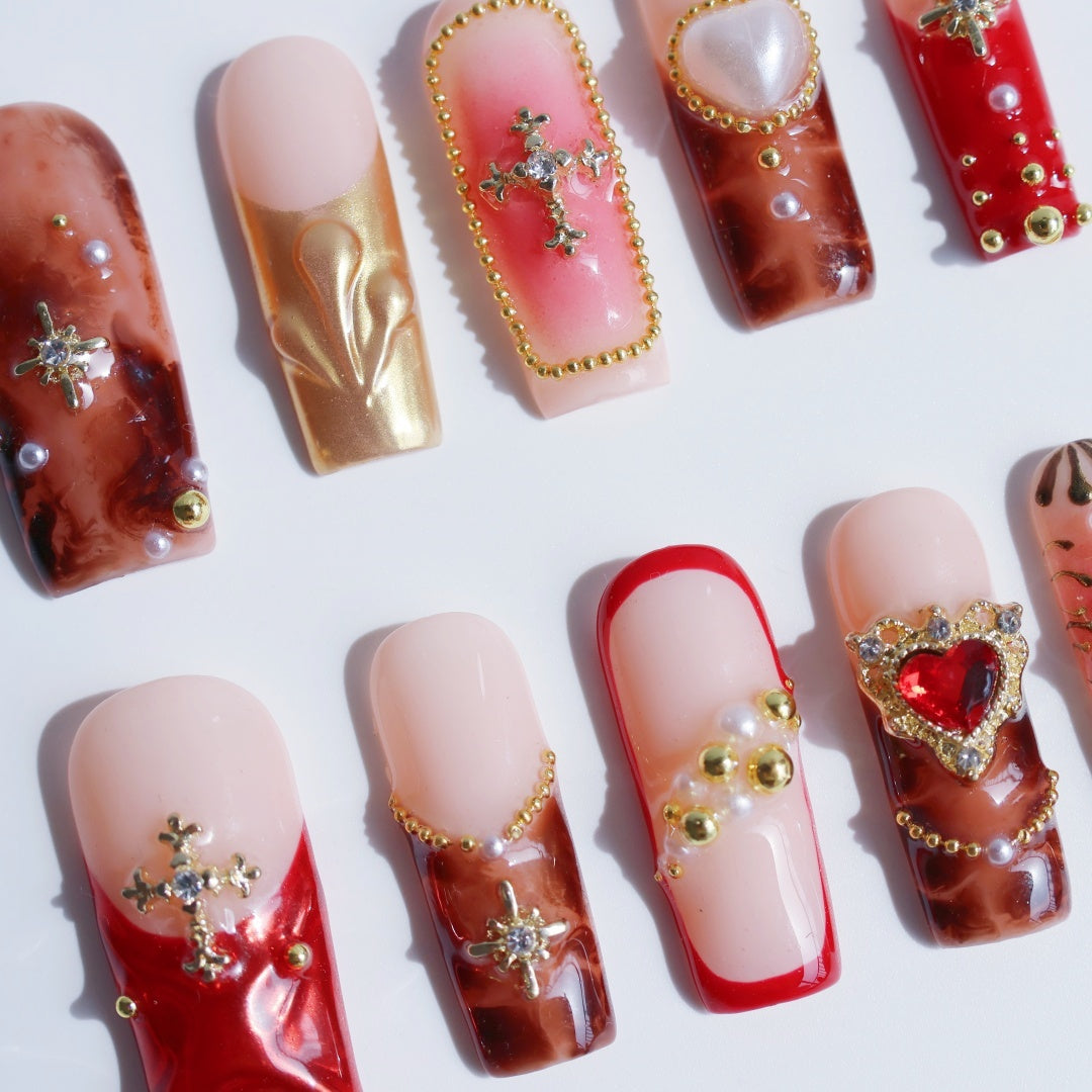 Gothic Royal Cross 3D Press-On Nails – Handmade Luxury Nail Set