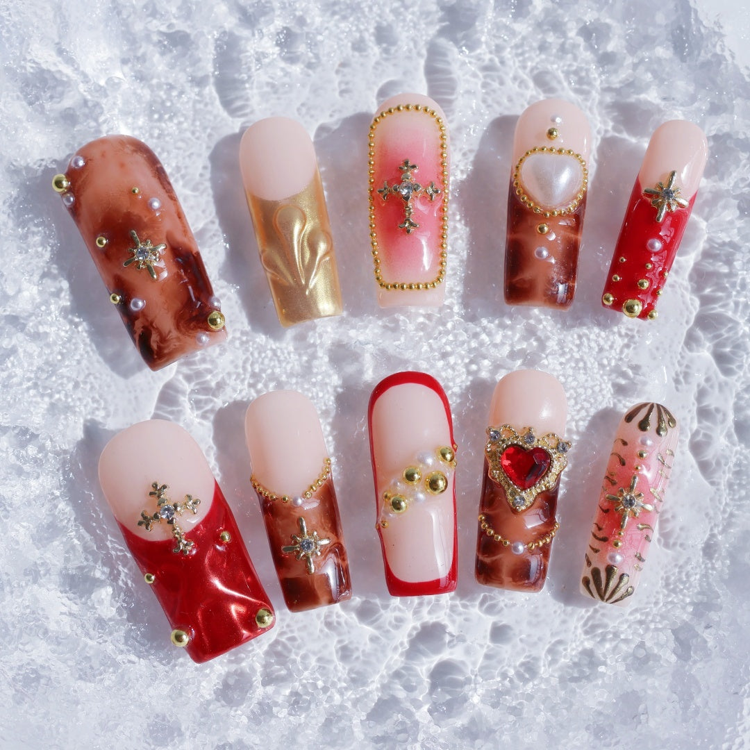 Gothic Royal Cross 3D Press-On Nails – Handmade Luxury Nail Set