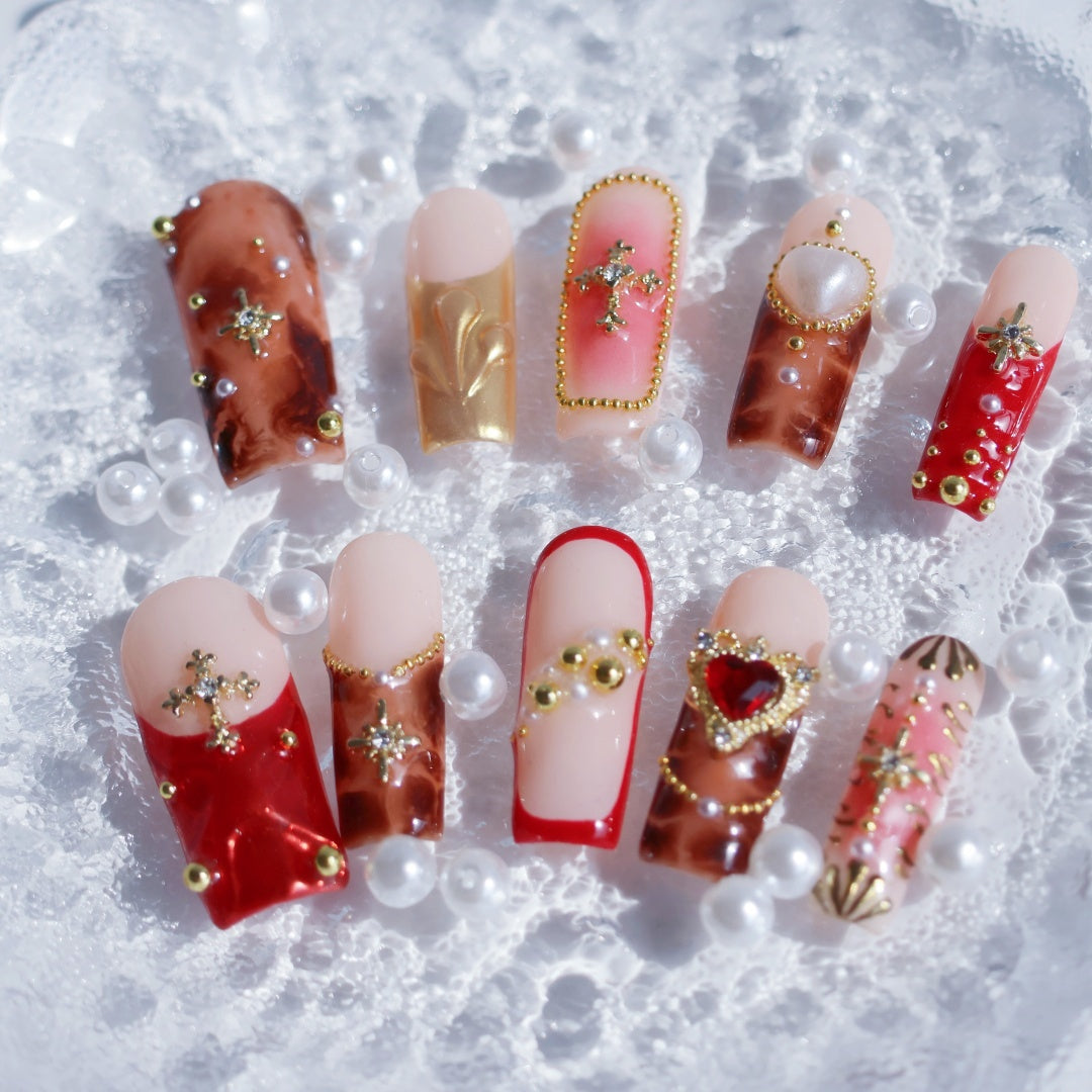 Gothic Royal Cross 3D Press-On Nails – Handmade Luxury Nail Set