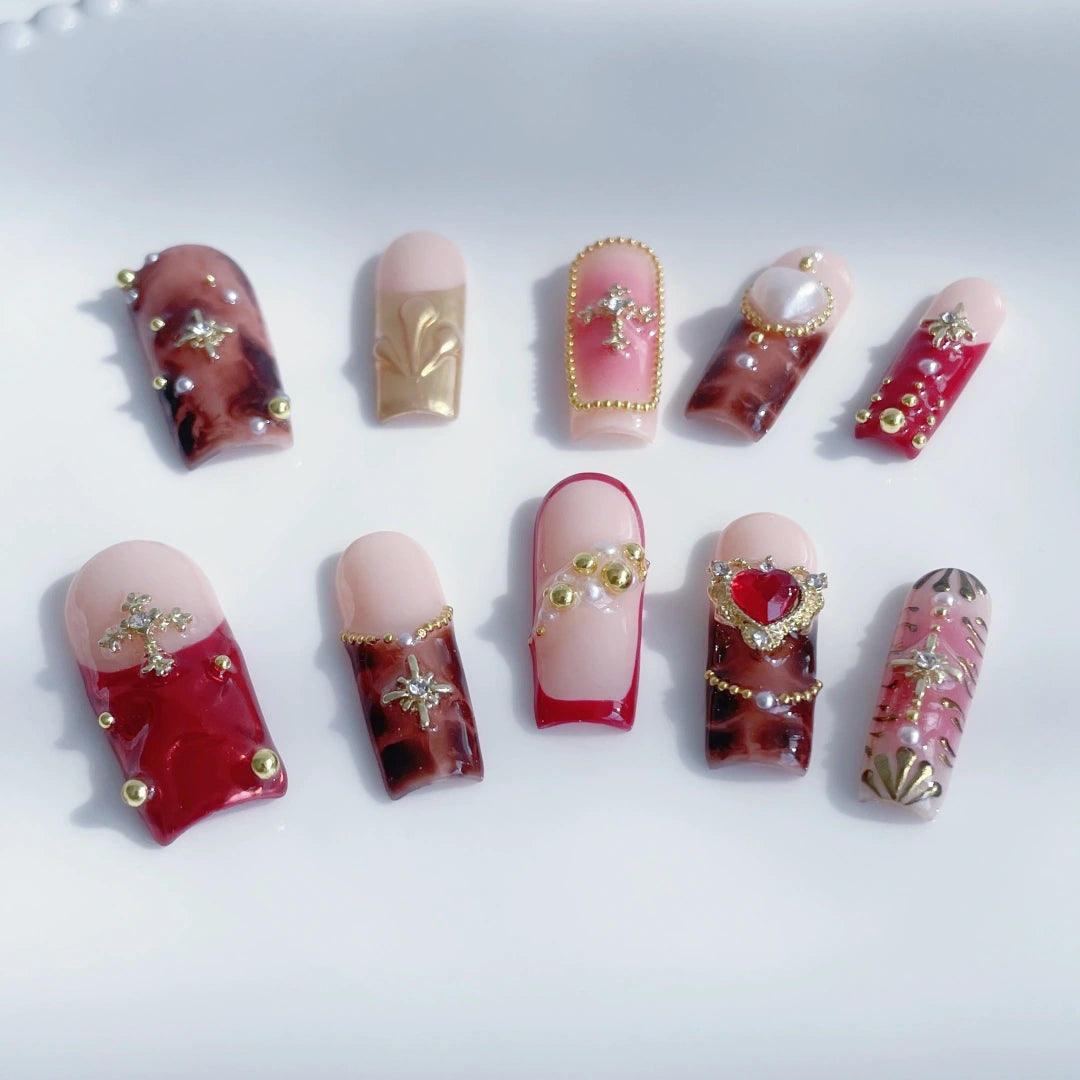 Gothic Royal Cross 3D Press-On Nails – Handmade Luxury Nail Set