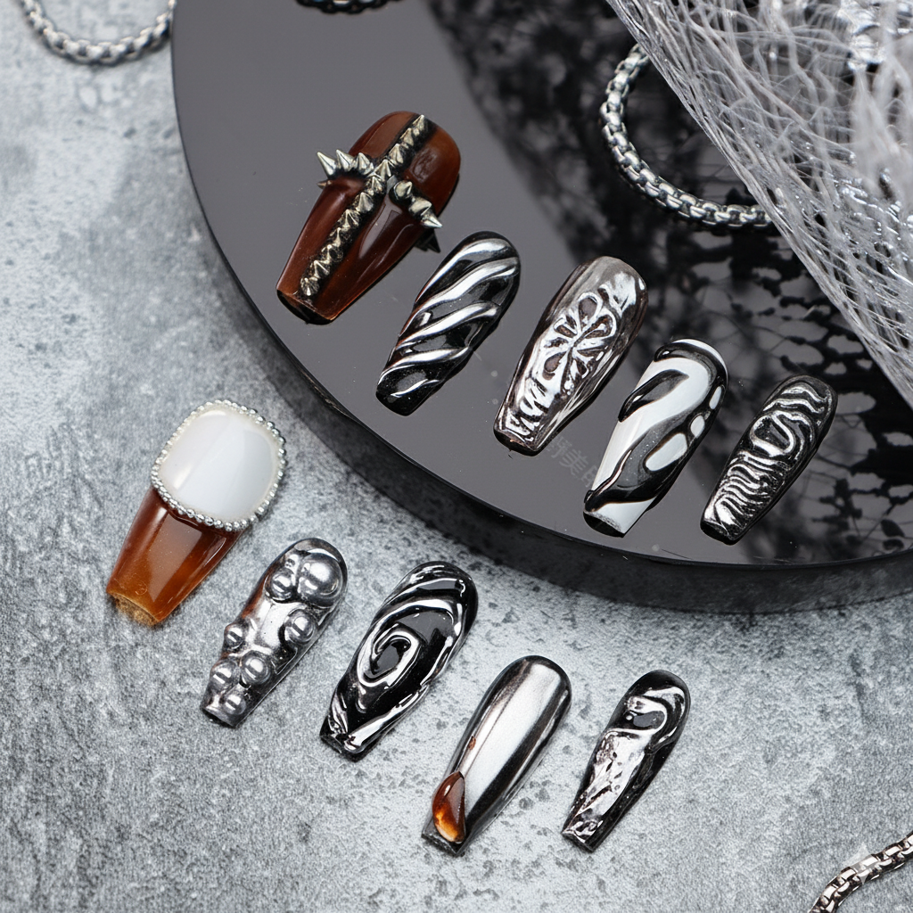 Halloween Artisan Abstract Press-On Nails: The Liquid Metal Collection