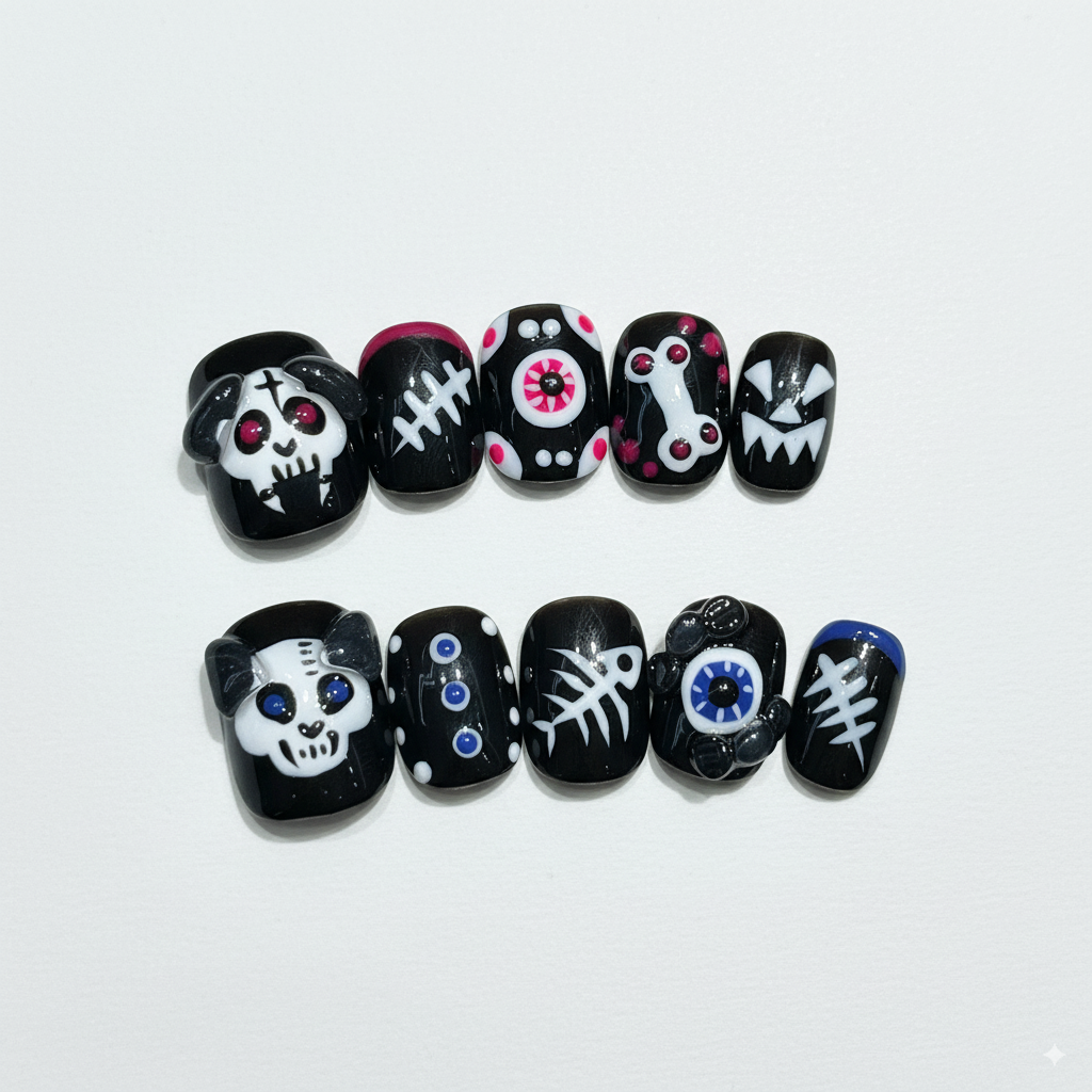 Halloween Creepy Doodle Press-On Nails: The Graveyard Gang Set