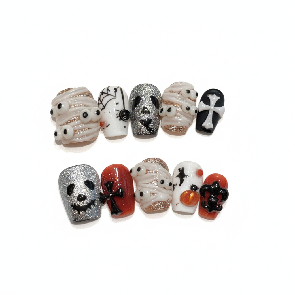 Halloween Cozy Spooks Press-On Nails: The Mummy's Mischief Set