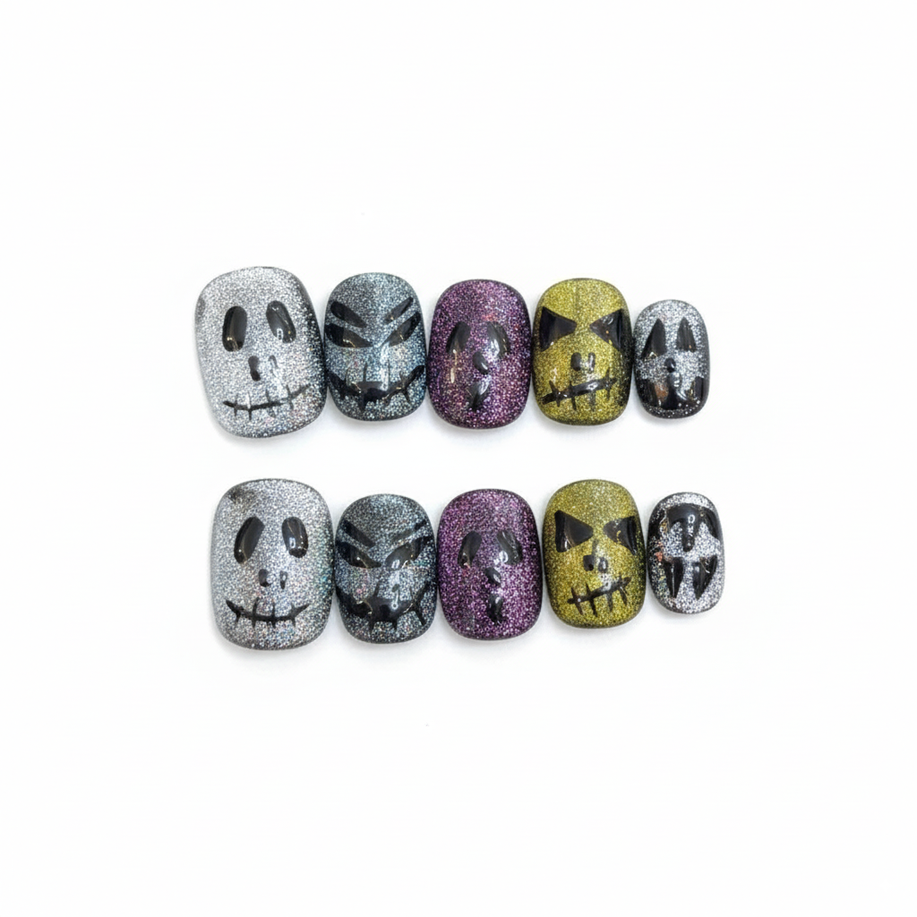 Halloween Glitter Skull Press-On Nails: The Shimmering Skeletal Set