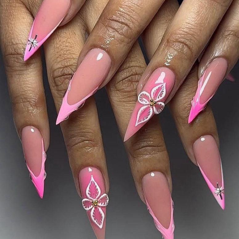 Stiletto Pink V-Tip Press-On Nails – Nude Base with Butterfly & Rhinestone Heart Accents | Handmade Romantic Nail Art
