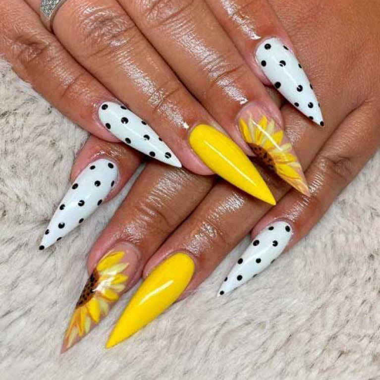 Stiletto Yellow Sunflower Press-On Nails – Polka Dot & Floral Art with Nude Base | Handmade Playful Summer Nail Design