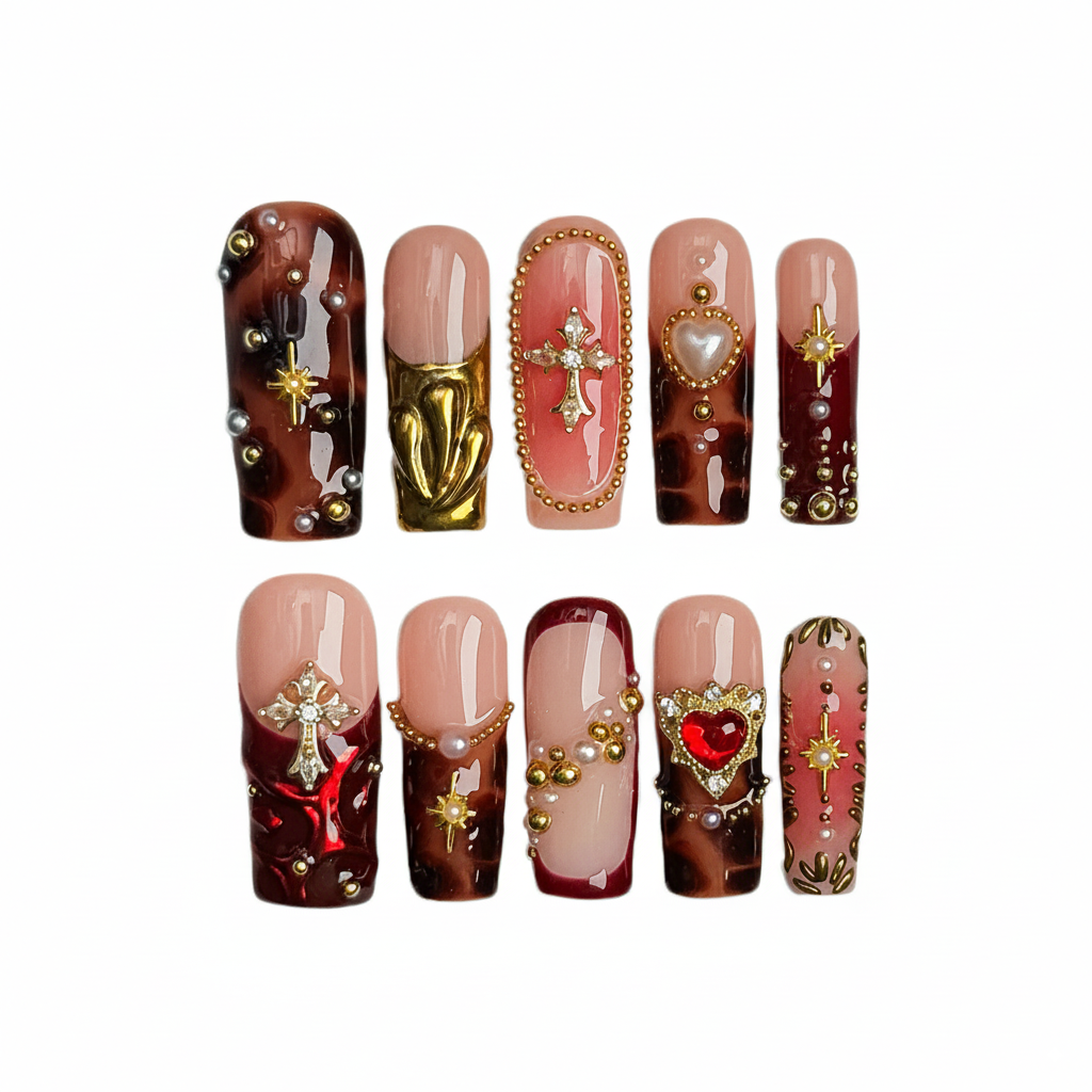 Gothic Royal Cross 3D Press-On Nails – Handmade Luxury Nail Set