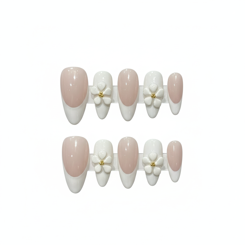 Clean Girl Nude French Press-On Nails: The 3D Floral Set