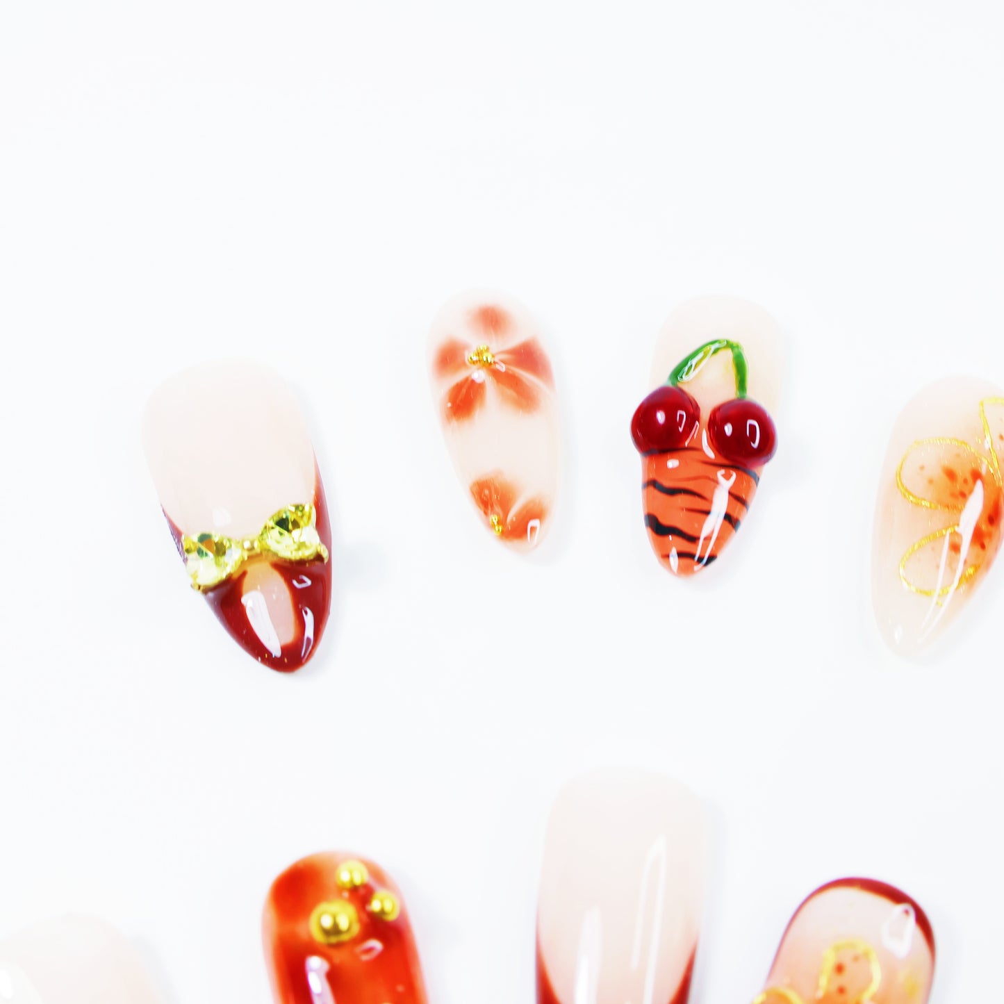 Cherry Charm French Press-On Nails – Elegant Orange-Brown Gradient Nail Set with 3D Bow and Floral Design