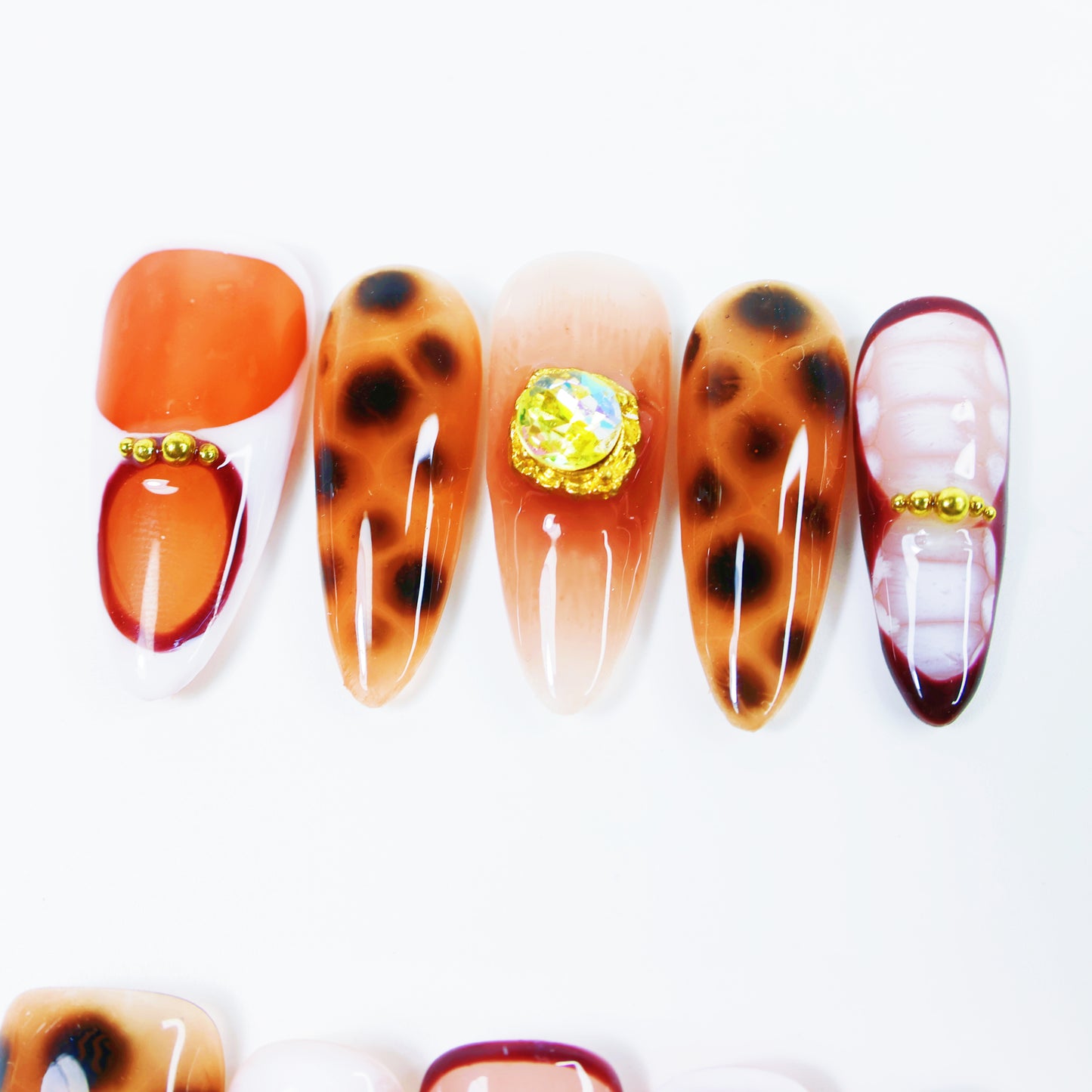 Amber Leopard Gradient Press-On Nails – Luxury Orange-Brown Nail Set with Rhinestone Accents