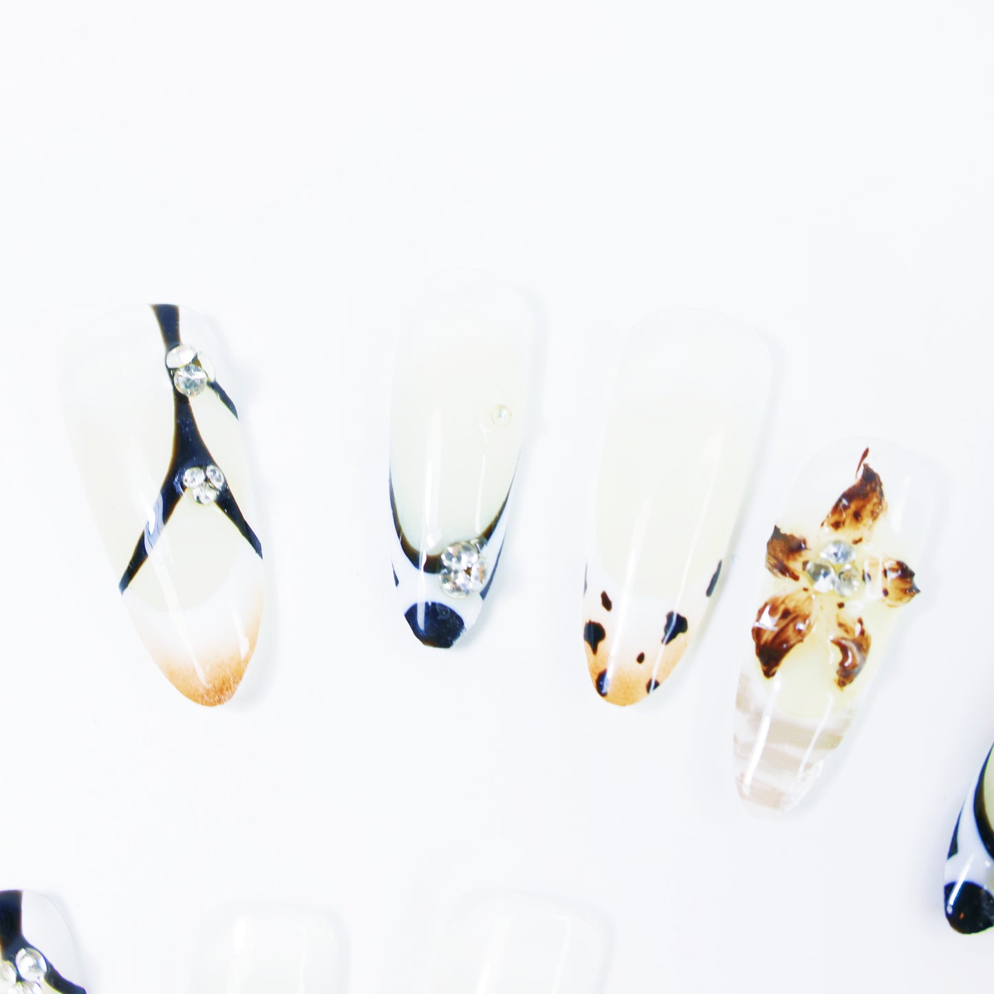 Black & White French Press-On Nails – Elegant Leopard Accent Nail Set with 3D Floral and Rhinestone Details