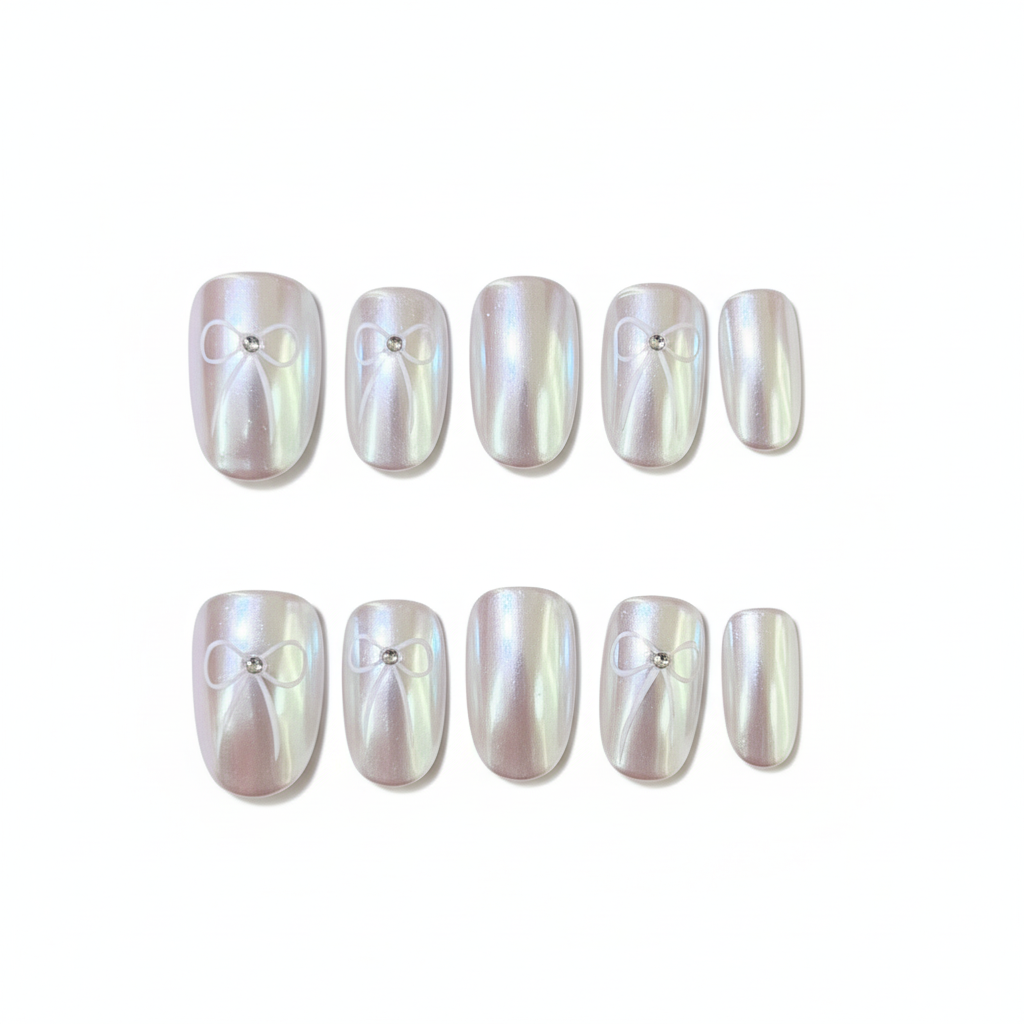 Clean Girl Iridescent Glazed Press-On Nails: The Pearl Bow Set