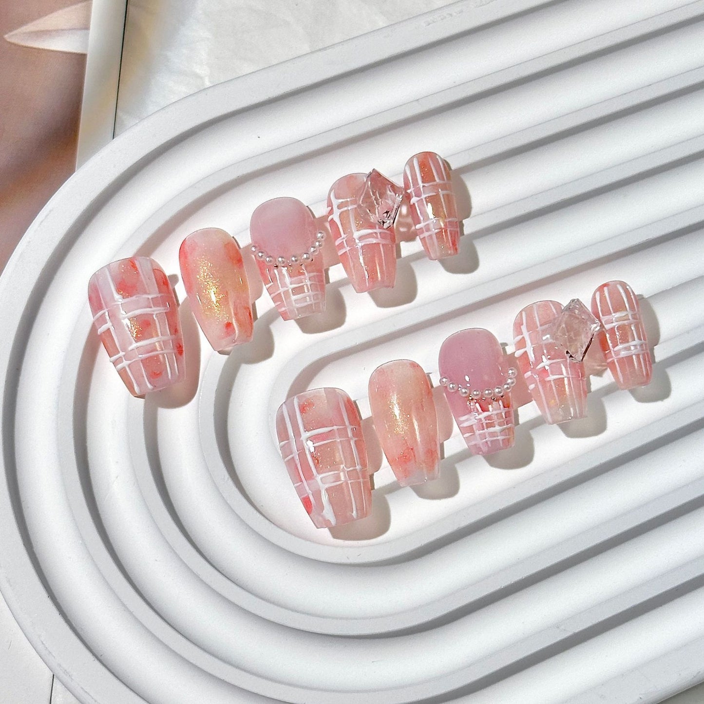 Clean Girl Plaid Press-On Nails: The Shimmer Floral Set
