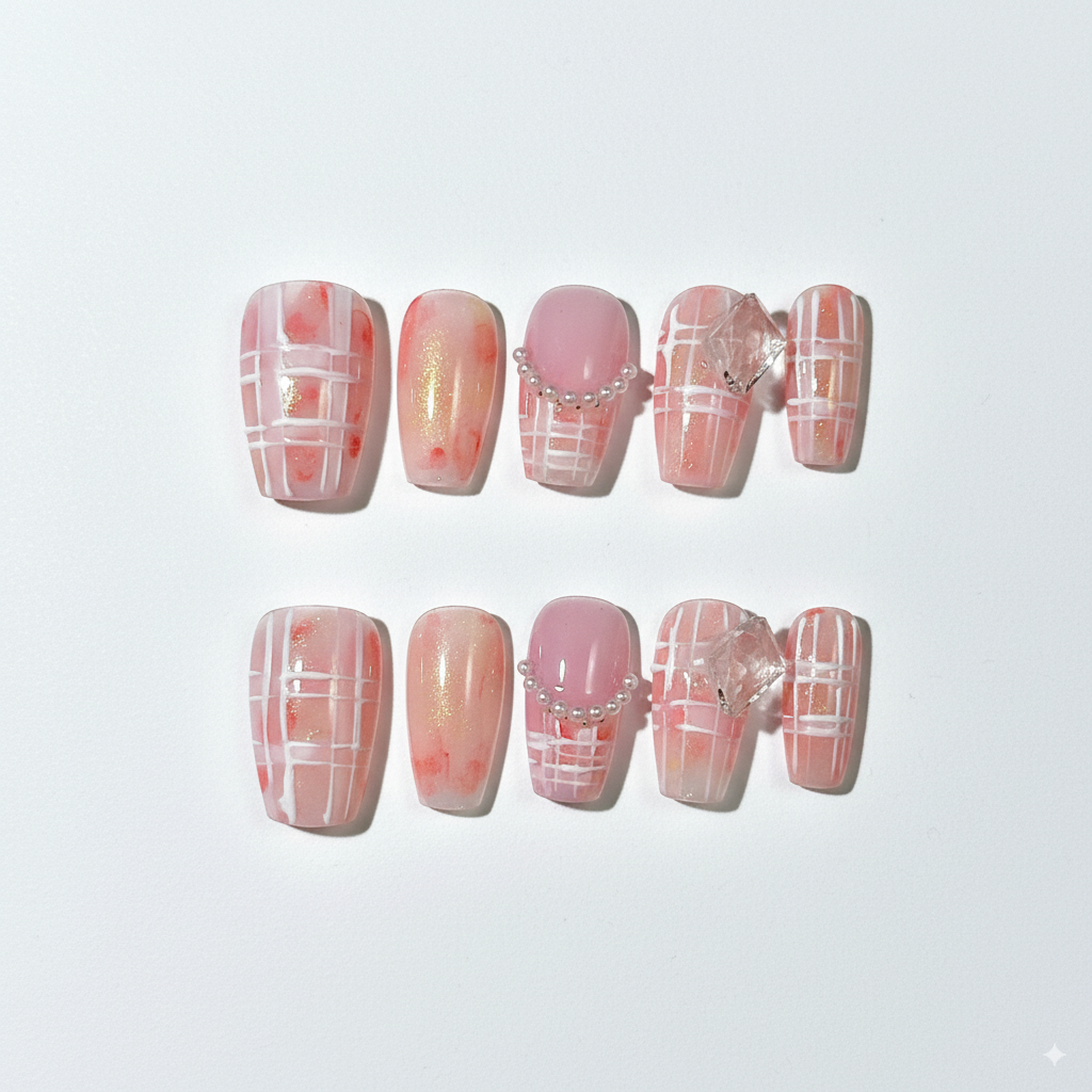 Clean Girl Plaid Press-On Nails: The Shimmer Floral Set