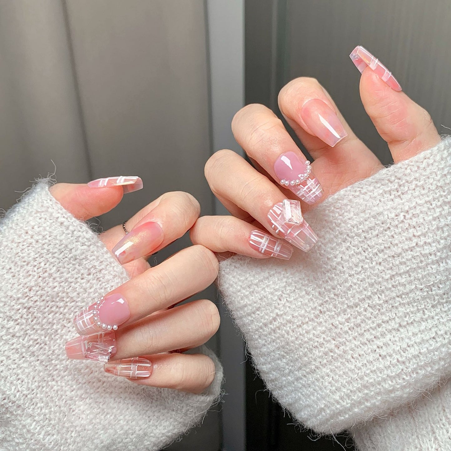 Clean Girl Plaid Press-On Nails: The Shimmer Floral Set