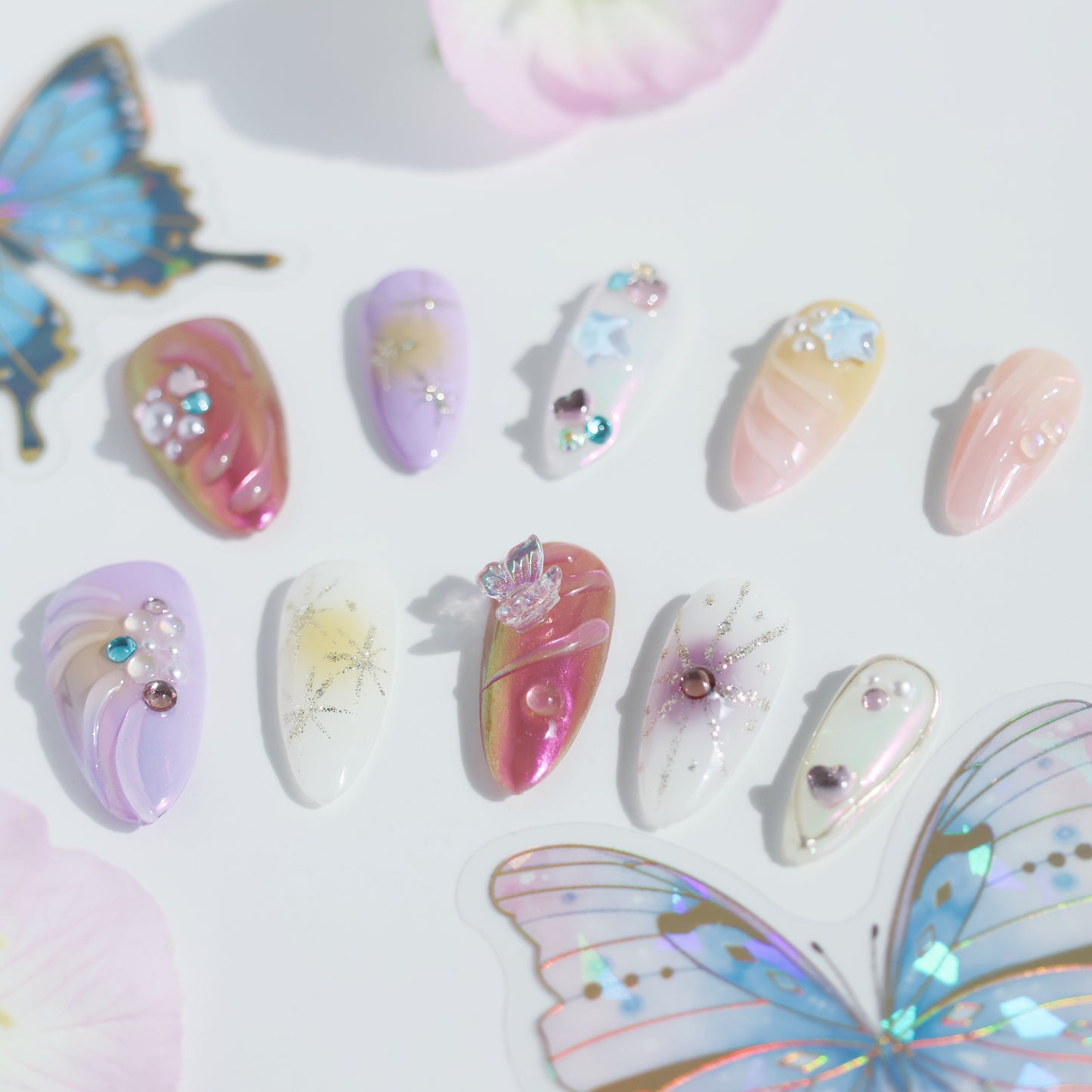 Celestial Dream Butterfly Press-On Nails – Romantic Purple & Nude Mix with 3D Gems