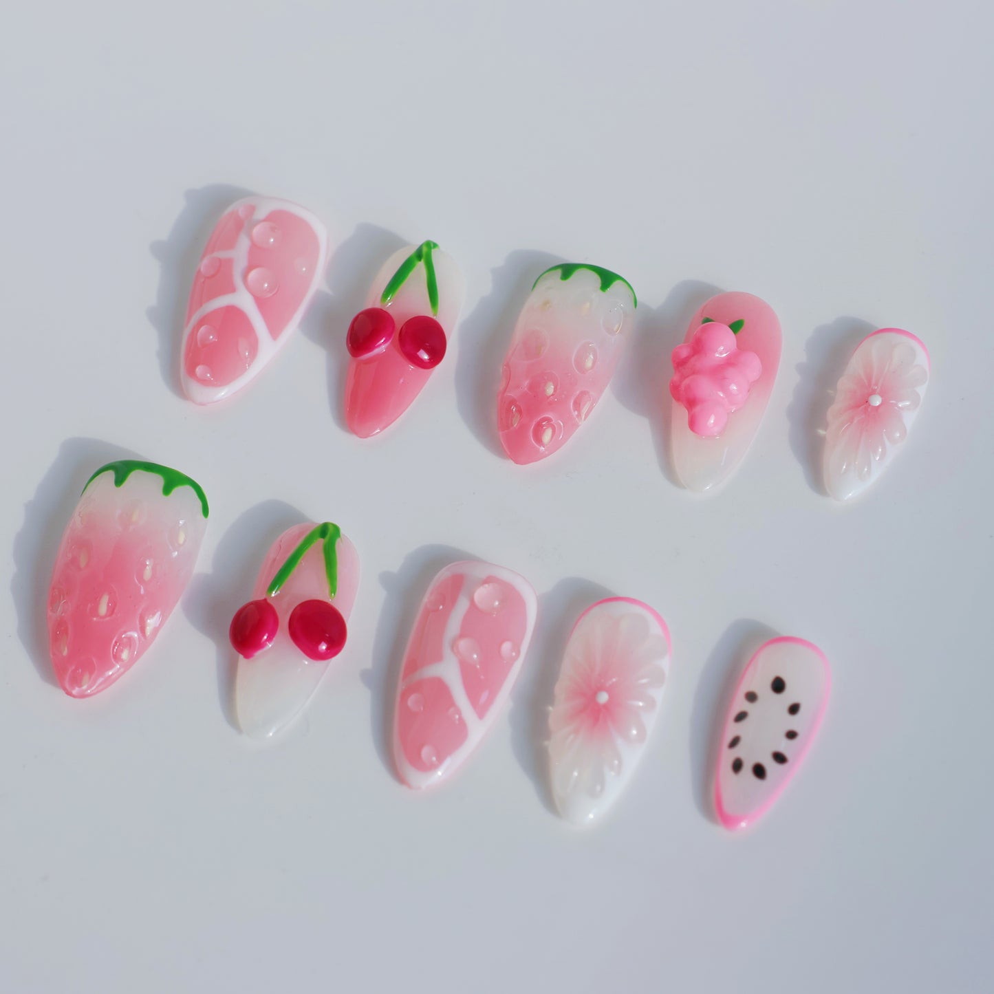 Strawberry Cherry Delight Press-On Nails – 3D Fruit & Floral Design