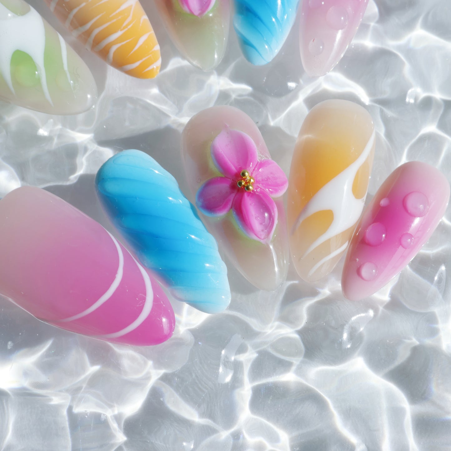 Rainbow Petals Press-On Nails – Colorful Pastel Gradient with 3D Flower