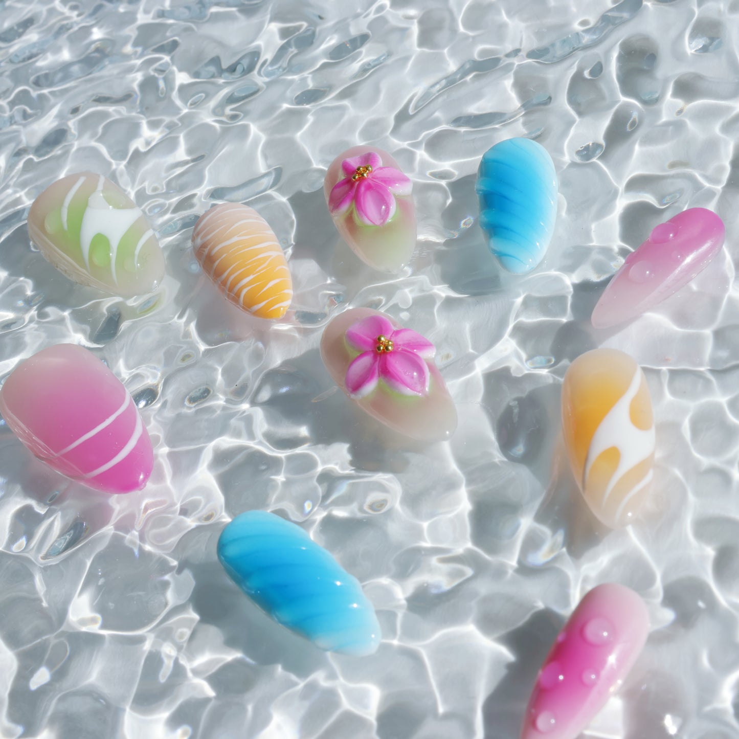 Rainbow Petals Press-On Nails – Colorful Pastel Gradient with 3D Flower