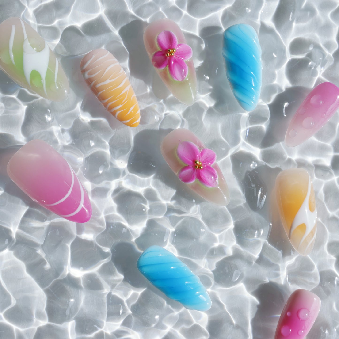 Rainbow Petals Press-On Nails – Colorful Pastel Gradient with 3D Flower
