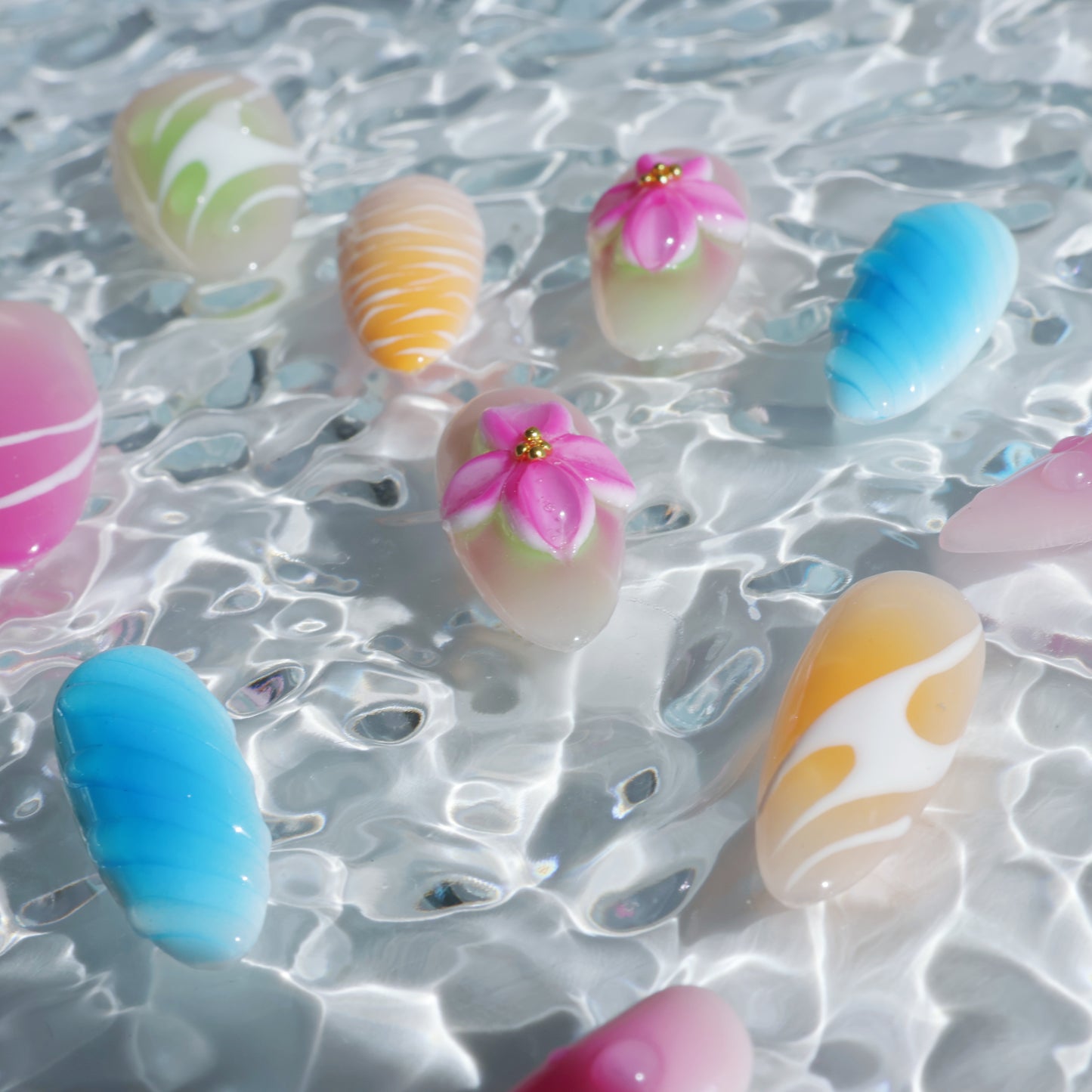 Rainbow Petals Press-On Nails – Colorful Pastel Gradient with 3D Flower