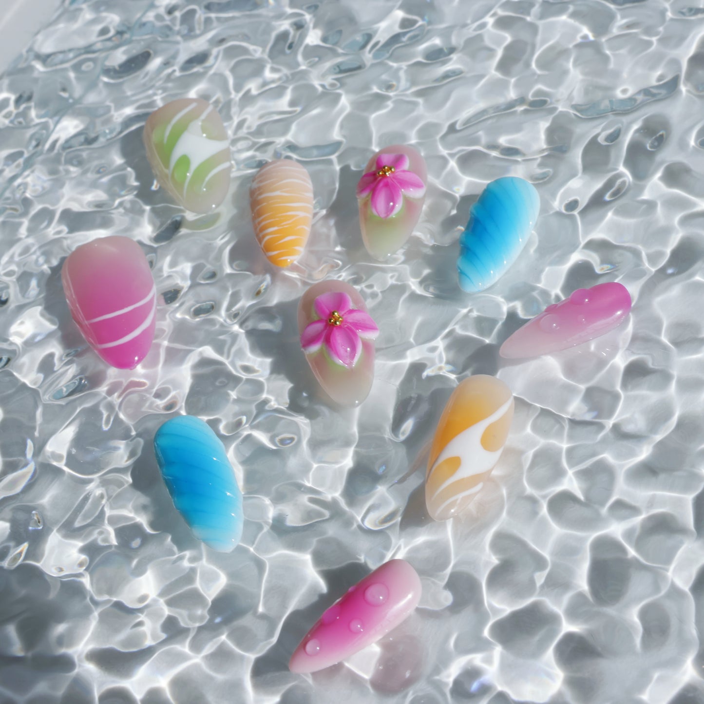 Rainbow Petals Press-On Nails – Colorful Pastel Gradient with 3D Flower