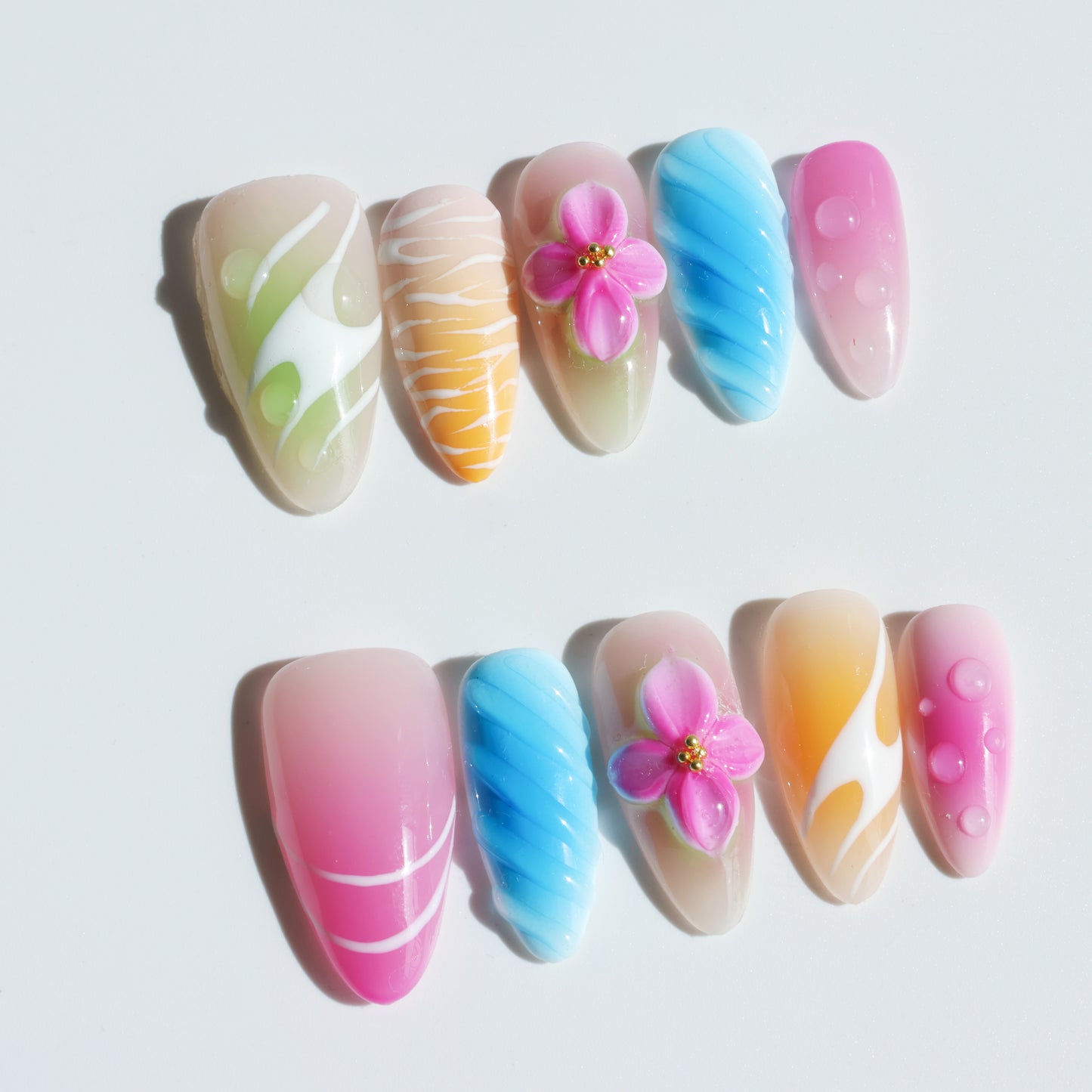Rainbow Petals Press-On Nails – Colorful Pastel Gradient with 3D Flower