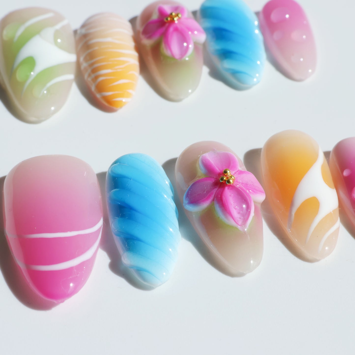 Rainbow Petals Press-On Nails – Colorful Pastel Gradient with 3D Flower