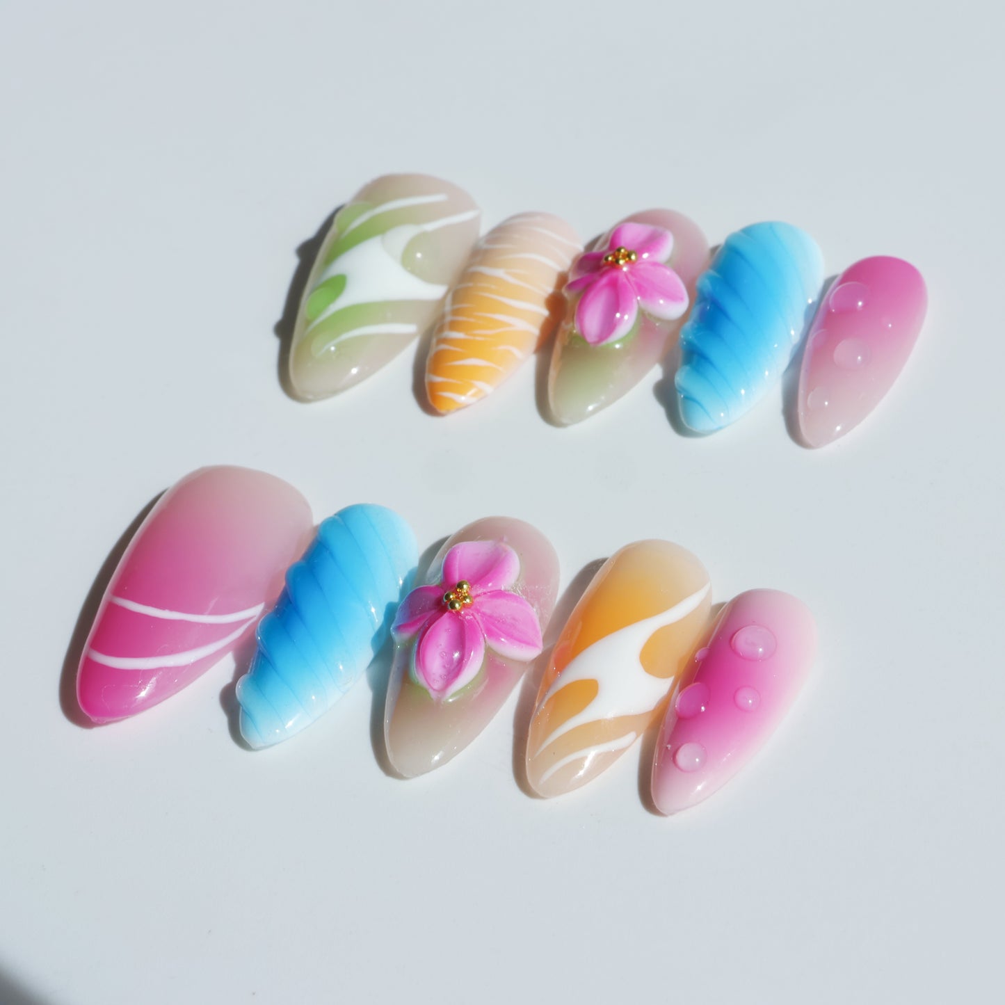 Rainbow Petals Press-On Nails – Colorful Pastel Gradient with 3D Flower