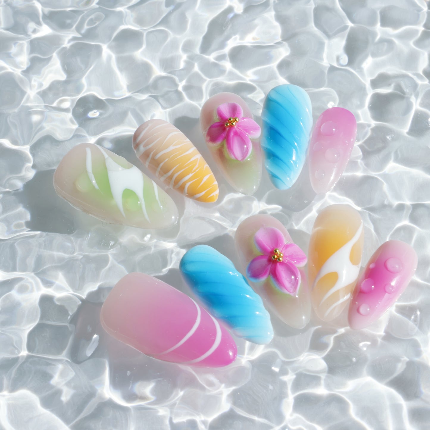 Rainbow Petals Press-On Nails – Colorful Pastel Gradient with 3D Flower
