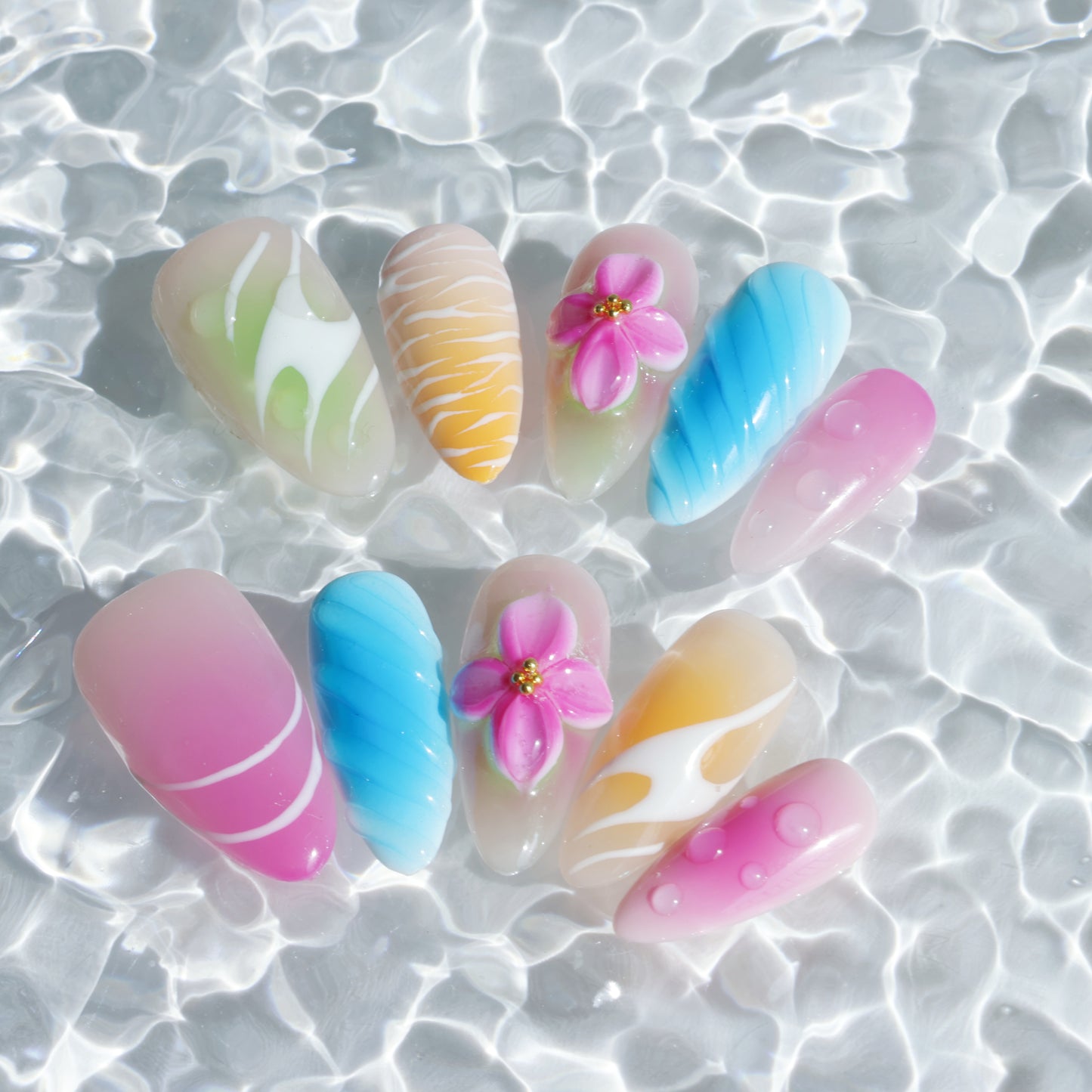 Rainbow Petals Press-On Nails – Colorful Pastel Gradient with 3D Flower
