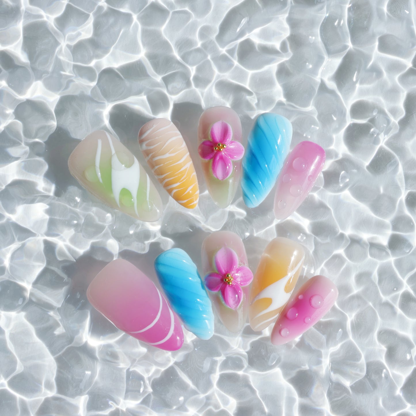 Rainbow Petals Press-On Nails – Colorful Pastel Gradient with 3D Flower