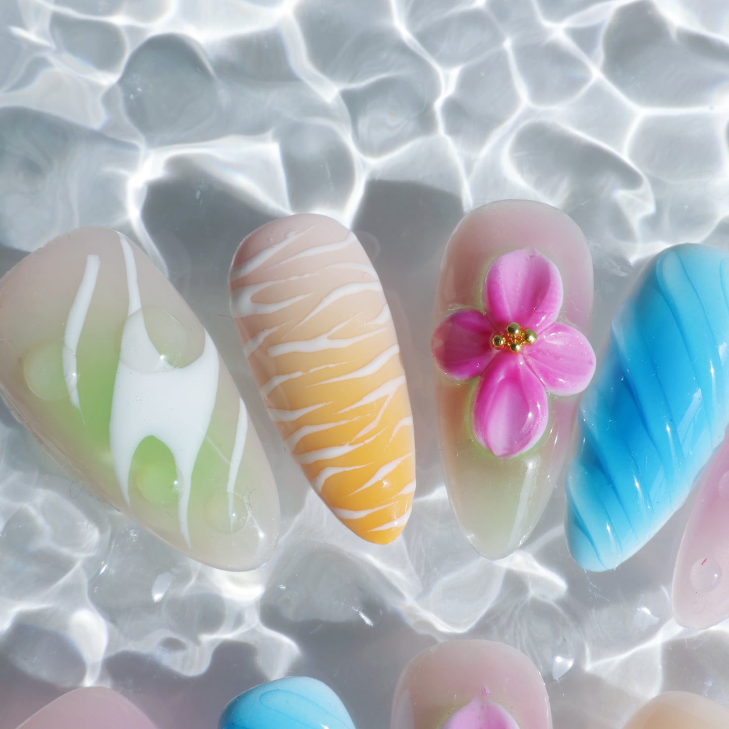Rainbow Petals Press-On Nails – Colorful Pastel Gradient with 3D Flower