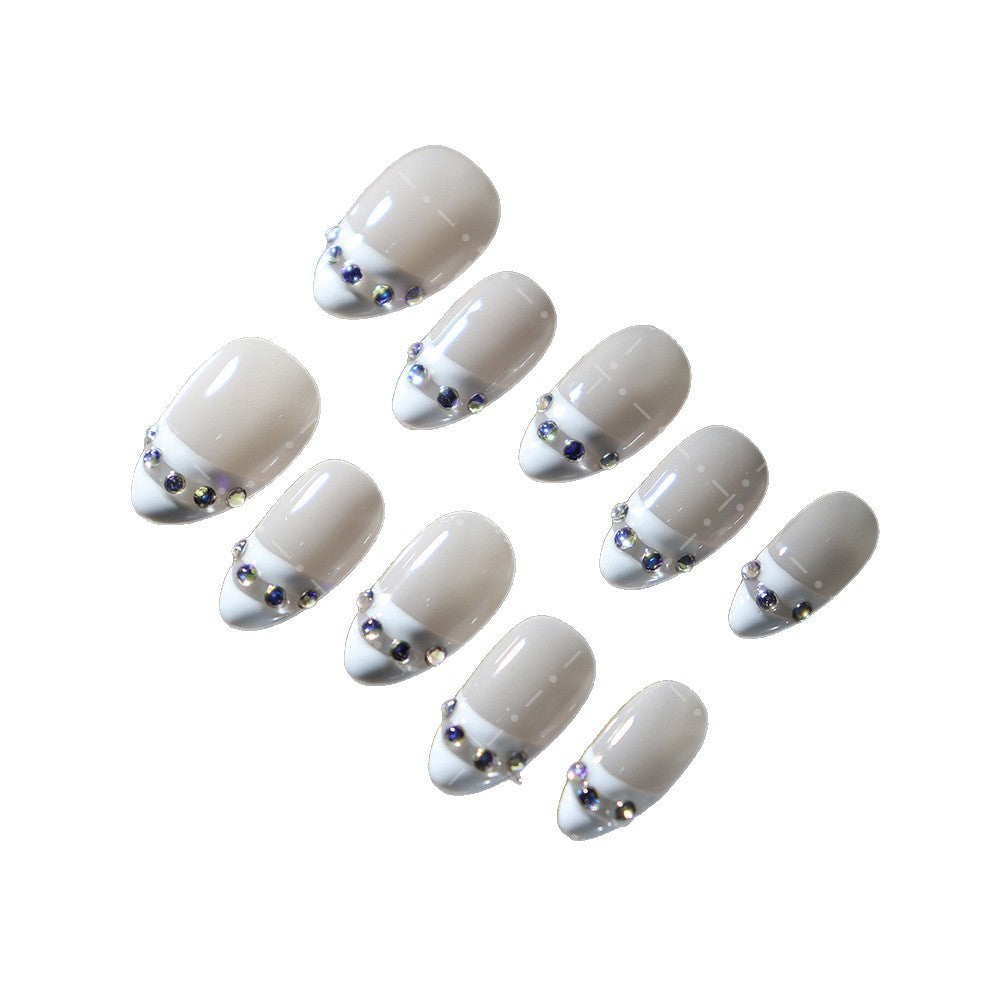 Clean Girl Aesthetic Creamy White Press - On Nails with Rhinestone Accents, Minimalist Glam Fake Nails
