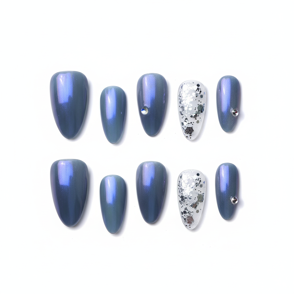 Clean Girl Aesthetic Holographic Blue Press - On Nails with Glitter Accents, Chic Iridescent Fake Nails
