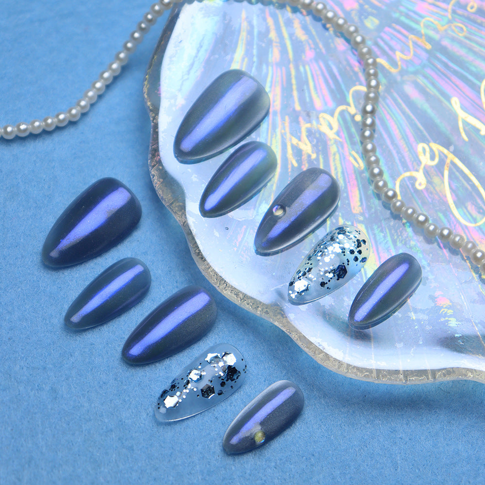 Clean Girl Aesthetic Holographic Blue Press - On Nails with Glitter Accents, Chic Iridescent Fake Nails