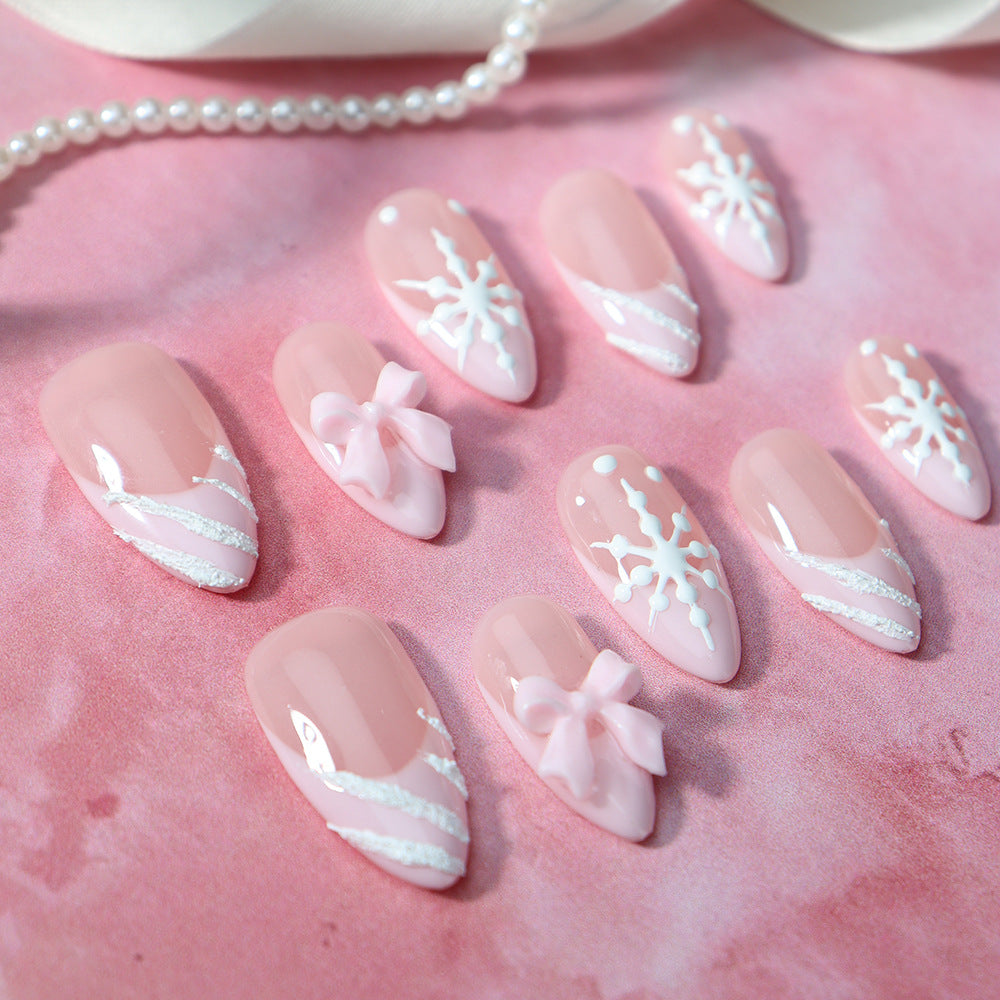 Clean Girl Aesthetic Pink Press - On Nails with Snowflake & Bow Details, Cute Winter - Inspired Fake Nails