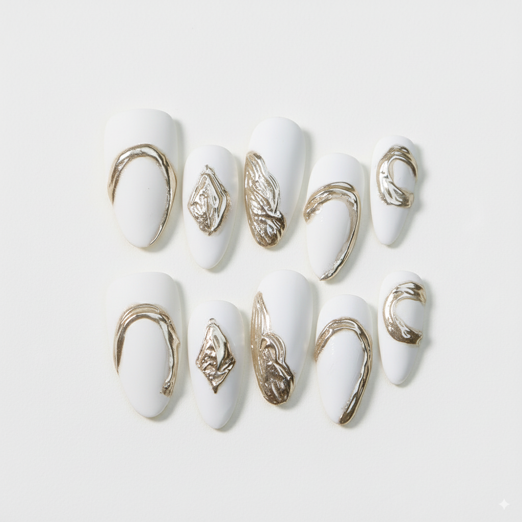 Clean Girl Aesthetic White Press - On Nails with Gold Accents, Minimalist Glam Fake Nails