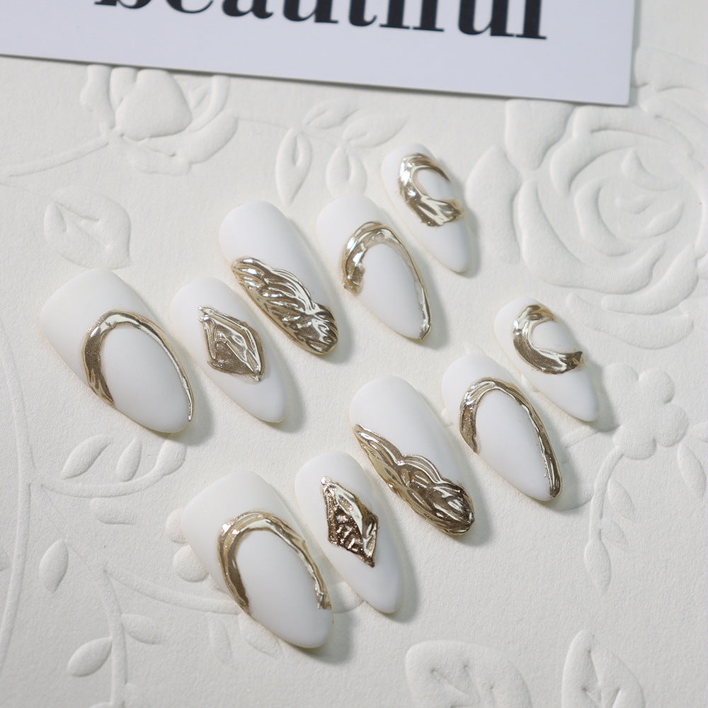 Clean Girl Aesthetic White Press - On Nails with Gold Accents, Minimalist Glam Fake Nails