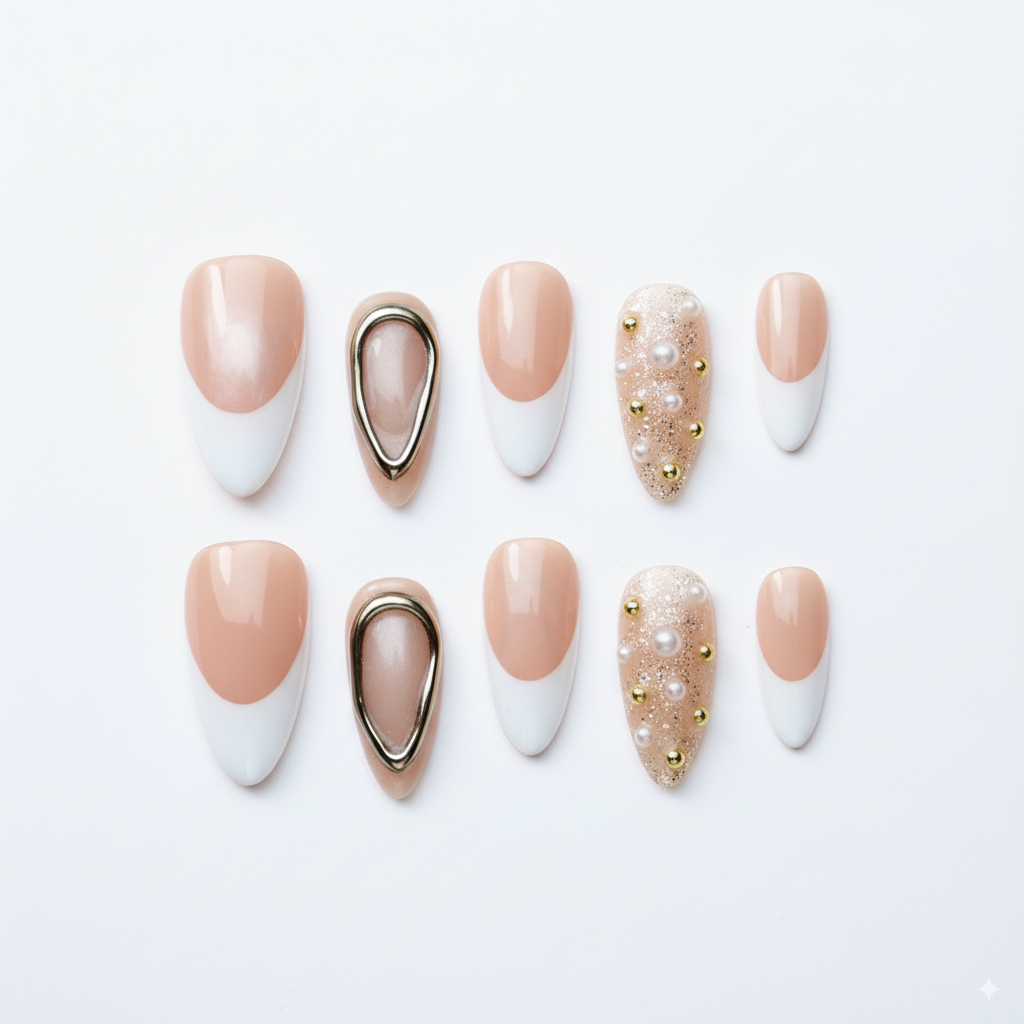 Clean Girl Aesthetic French Tip Press - On Nails with Gold Accents & Pearl Details