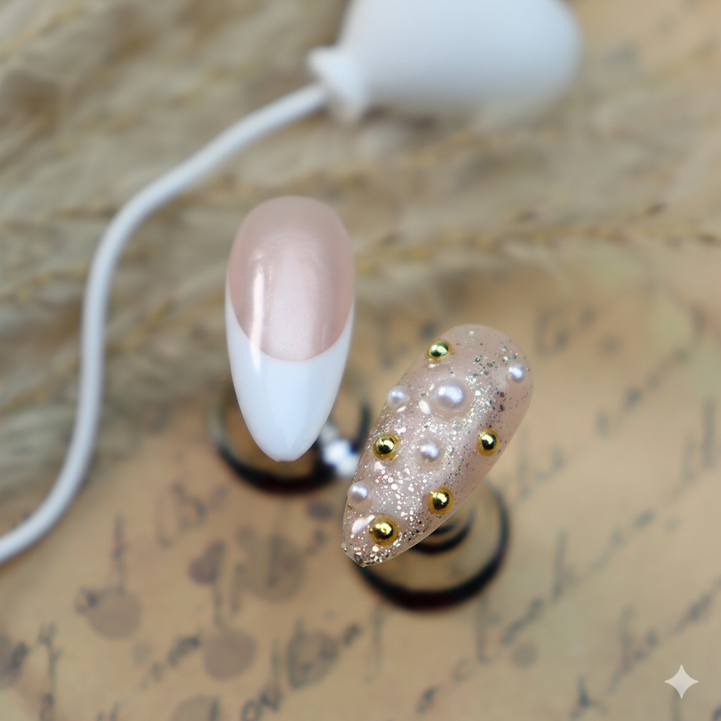 Clean Girl Aesthetic French Tip Press - On Nails with Gold Accents & Pearl Details