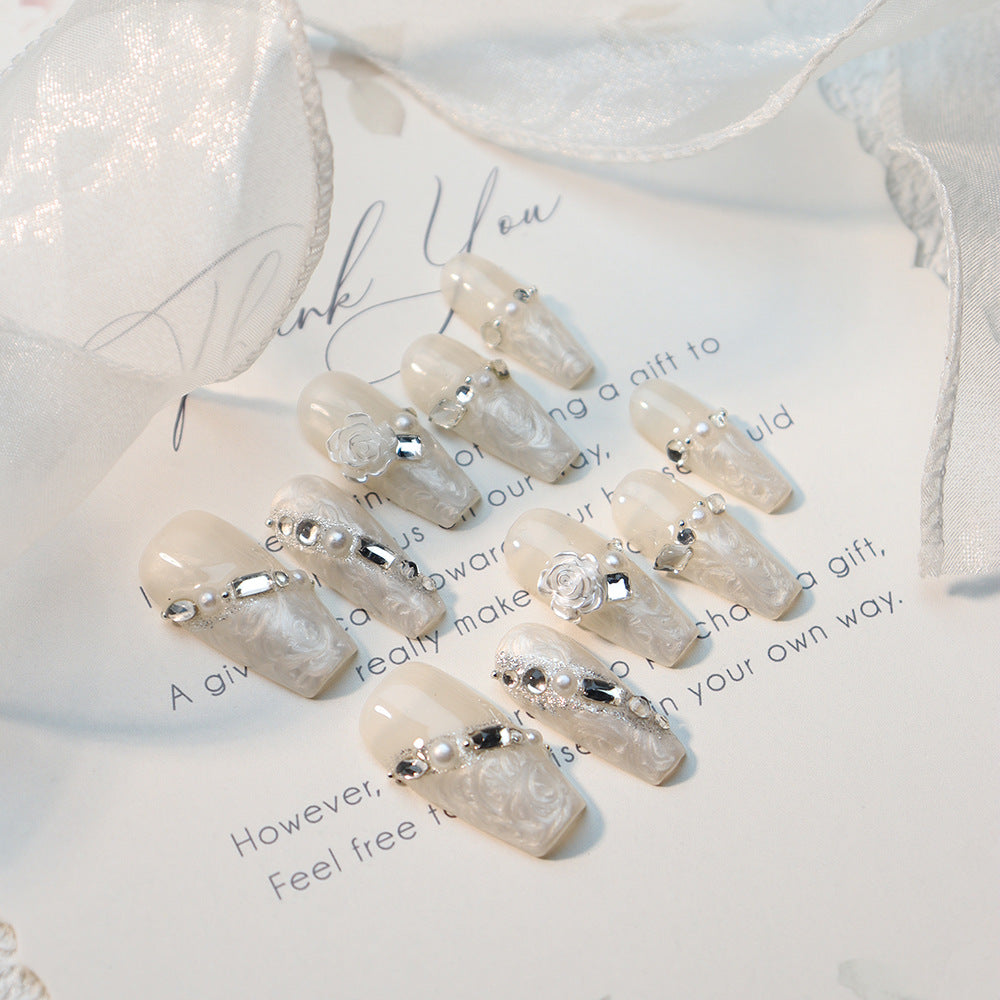 Clean Girl Aesthetic Elegant White Press - On Nails with Silver & Lace Details