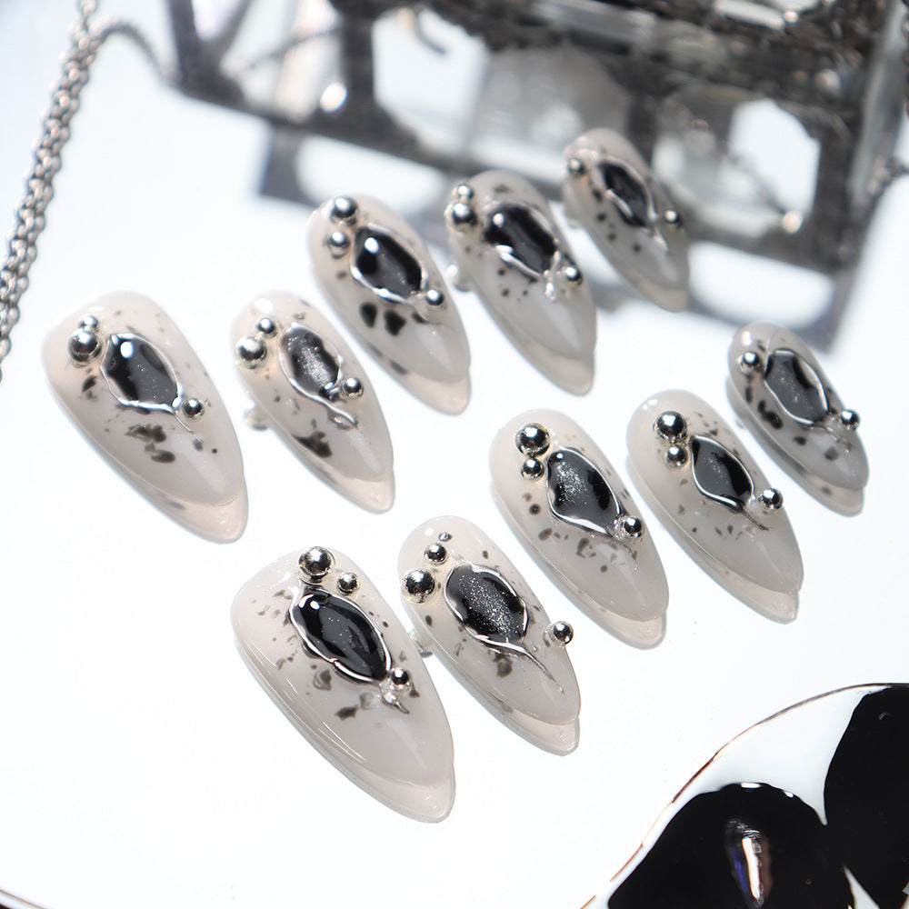 Clean Girl Aesthetic Edgy Black & Silver Accent Press - On Nails, Minimalist Glam Fake Nails