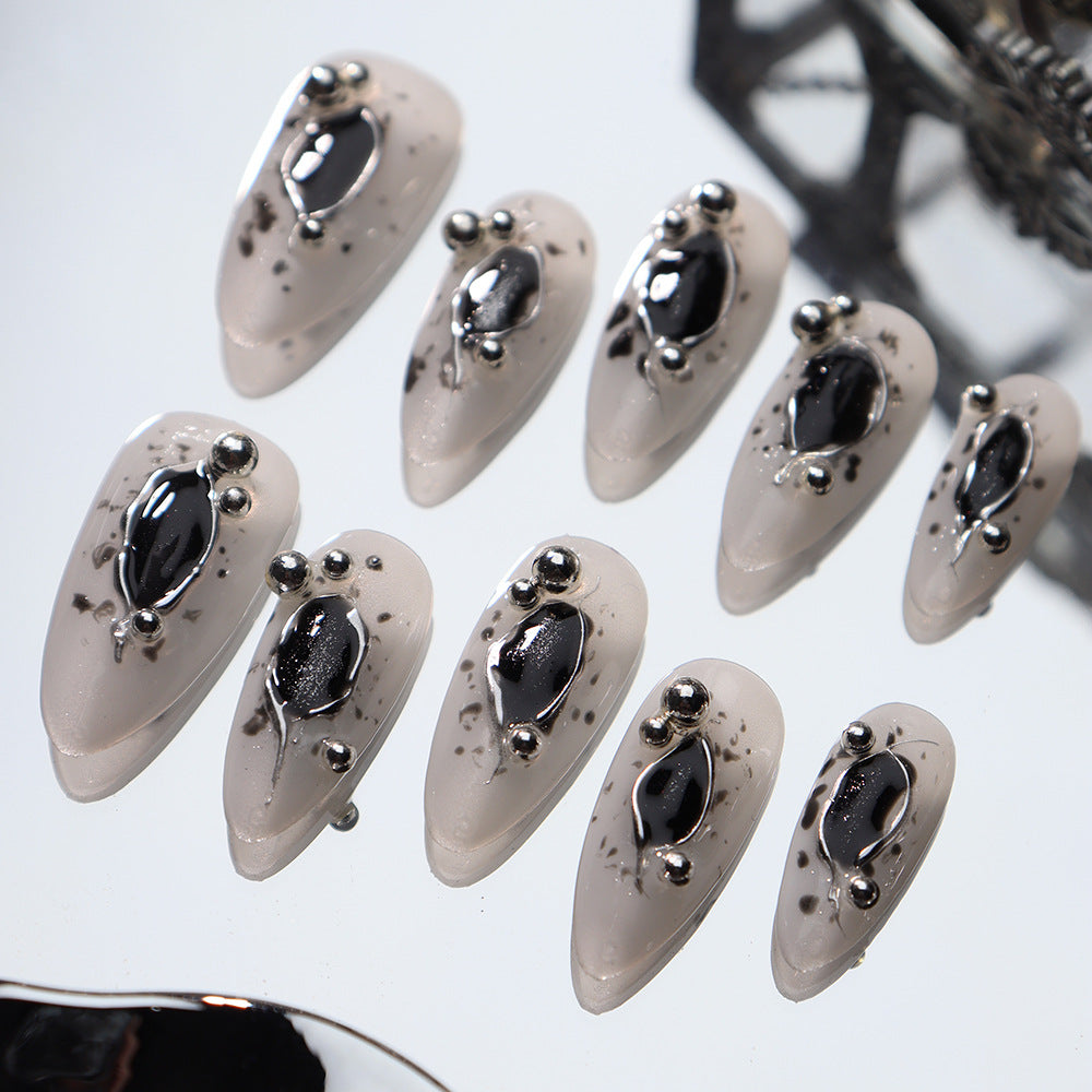 Clean Girl Aesthetic Edgy Black & Silver Accent Press - On Nails, Minimalist Glam Fake Nails
