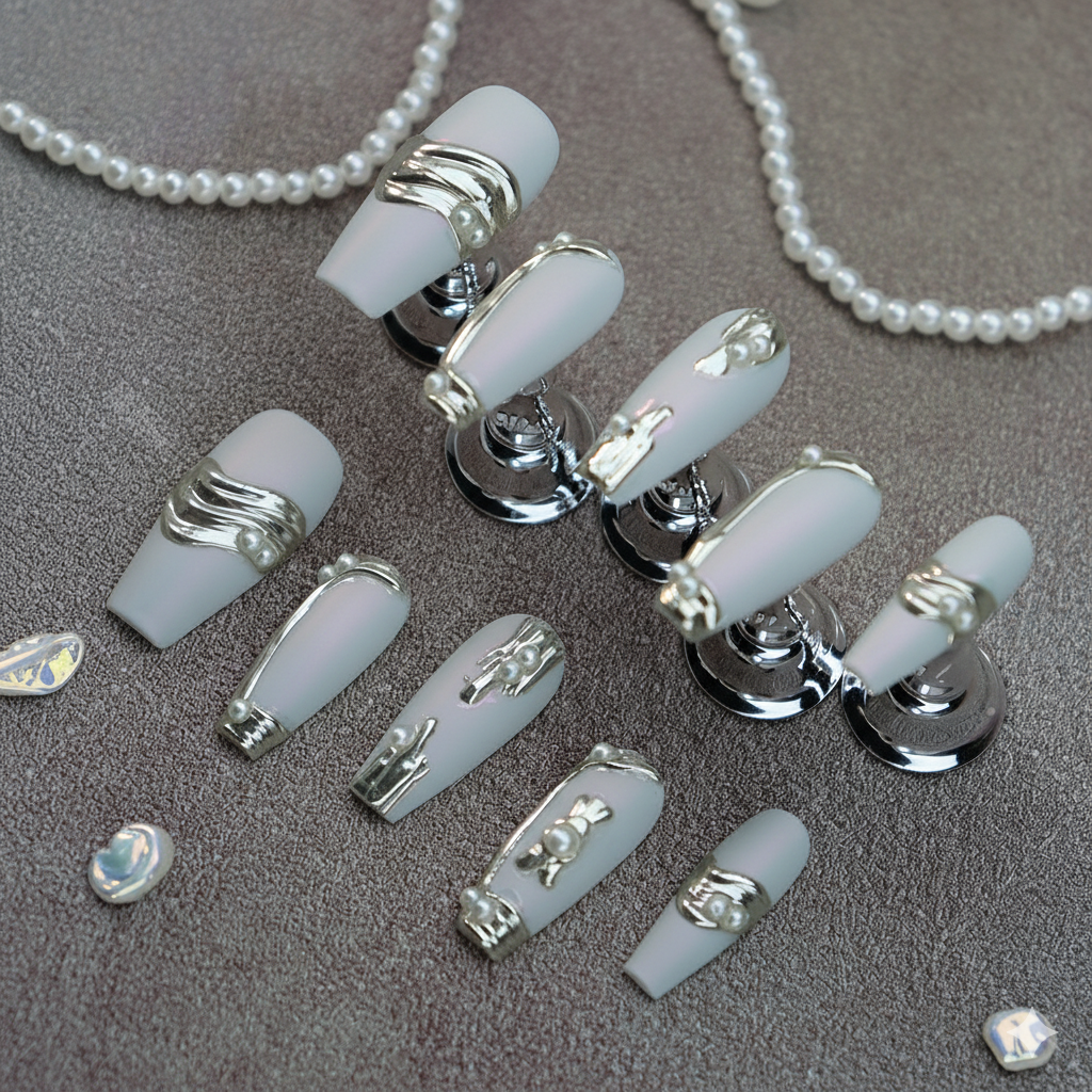 Clean Girl Aesthetic White Press - On Nails with Silver & Pearl Accents, Elegant Minimalist Fake Nails