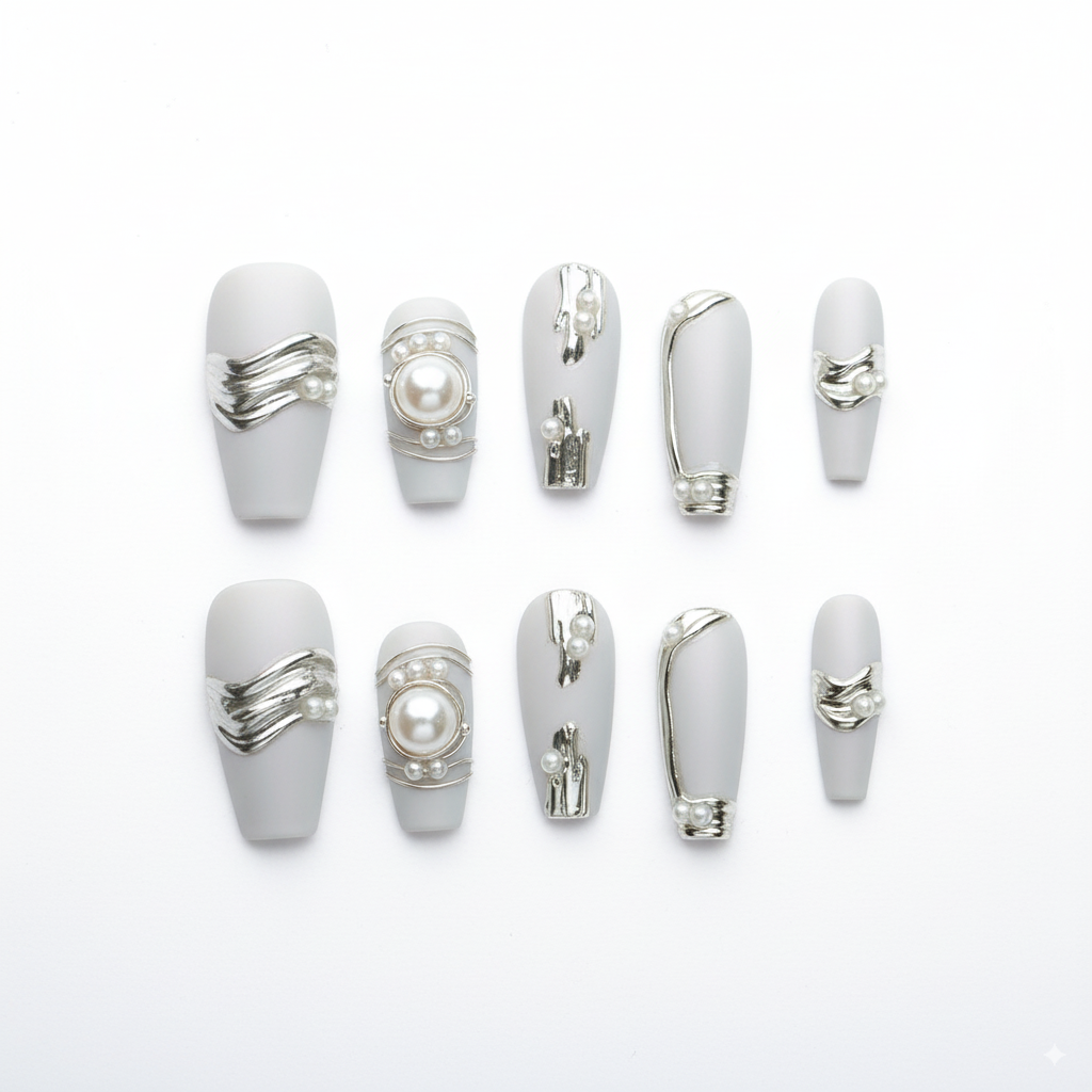 Clean Girl Aesthetic White Press - On Nails with Silver & Pearl Accents, Elegant Minimalist Fake Nails