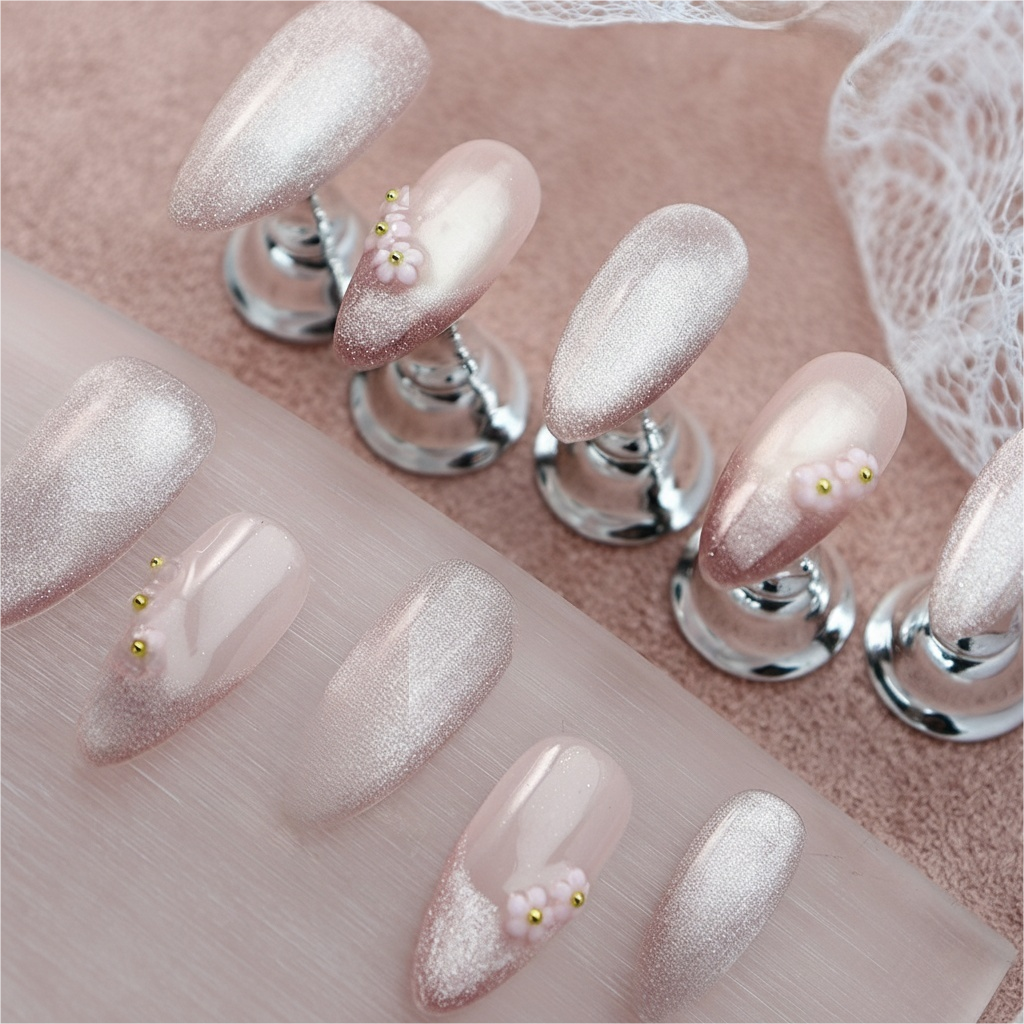 Clean Girl Aesthetic Shimmering Pink & Silver Press - On Nails with Floral Accents, Chic Glitter Fake Nails