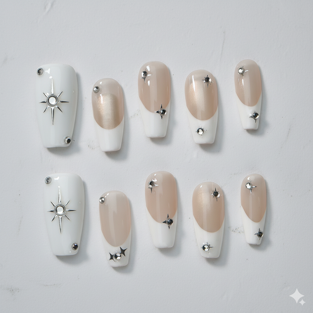 Clean Girl Aesthetic Star & Rhinestone Press - On Nails, Chic White & Nude Fake Nails