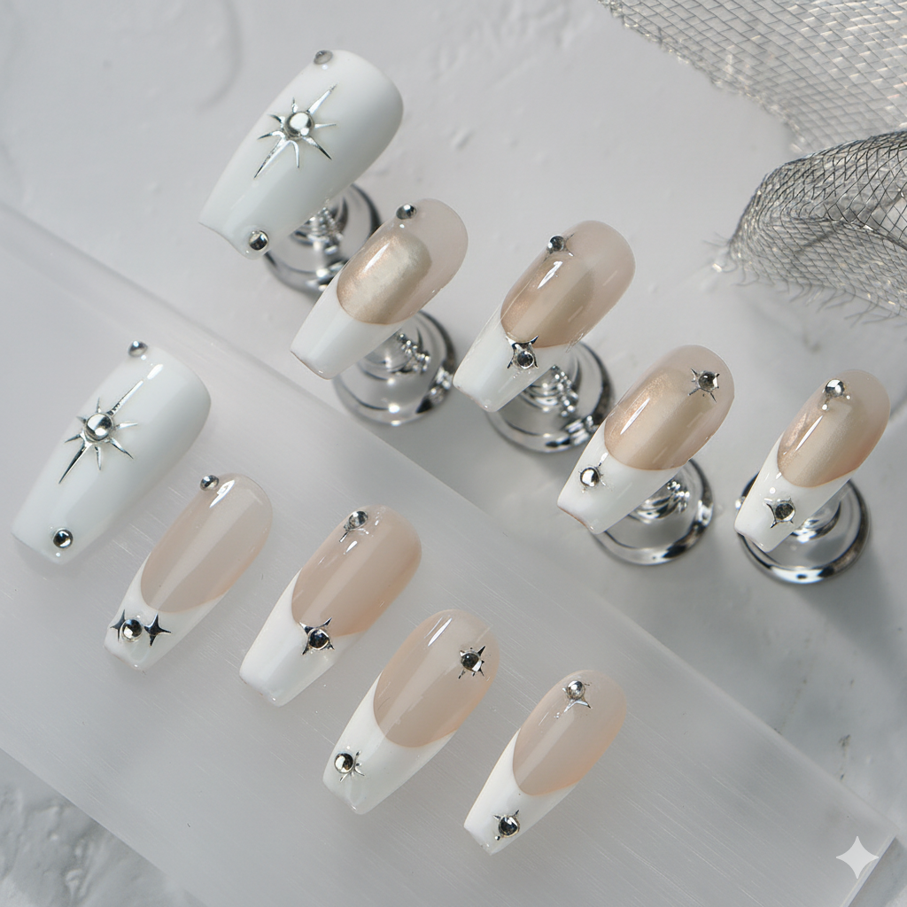 Clean Girl Aesthetic Star & Rhinestone Press - On Nails, Chic White & Nude Fake Nails