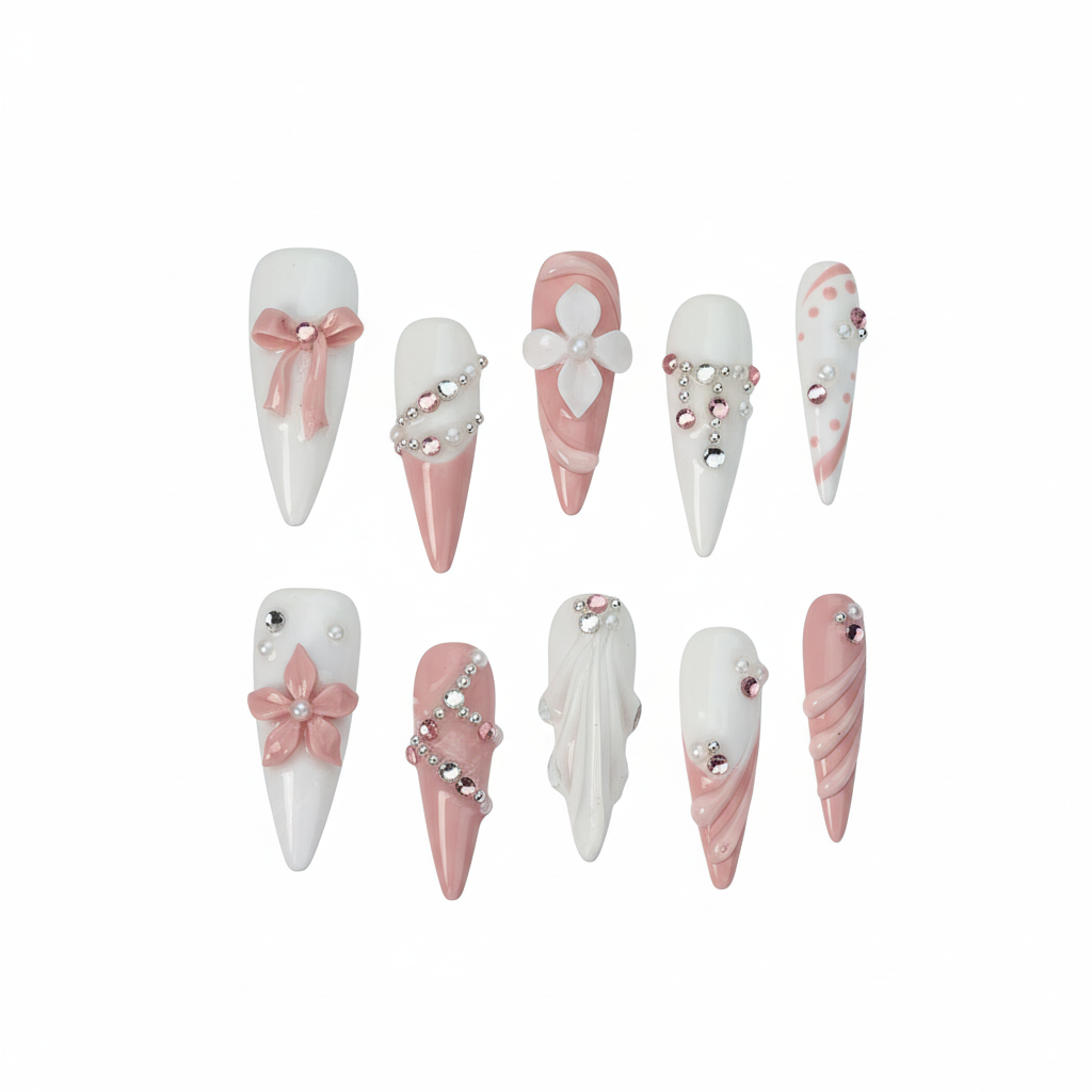 Clean Girl Pink White 3D Floral Rhinestone Press On Nails - Bridal & Party Faux Nails